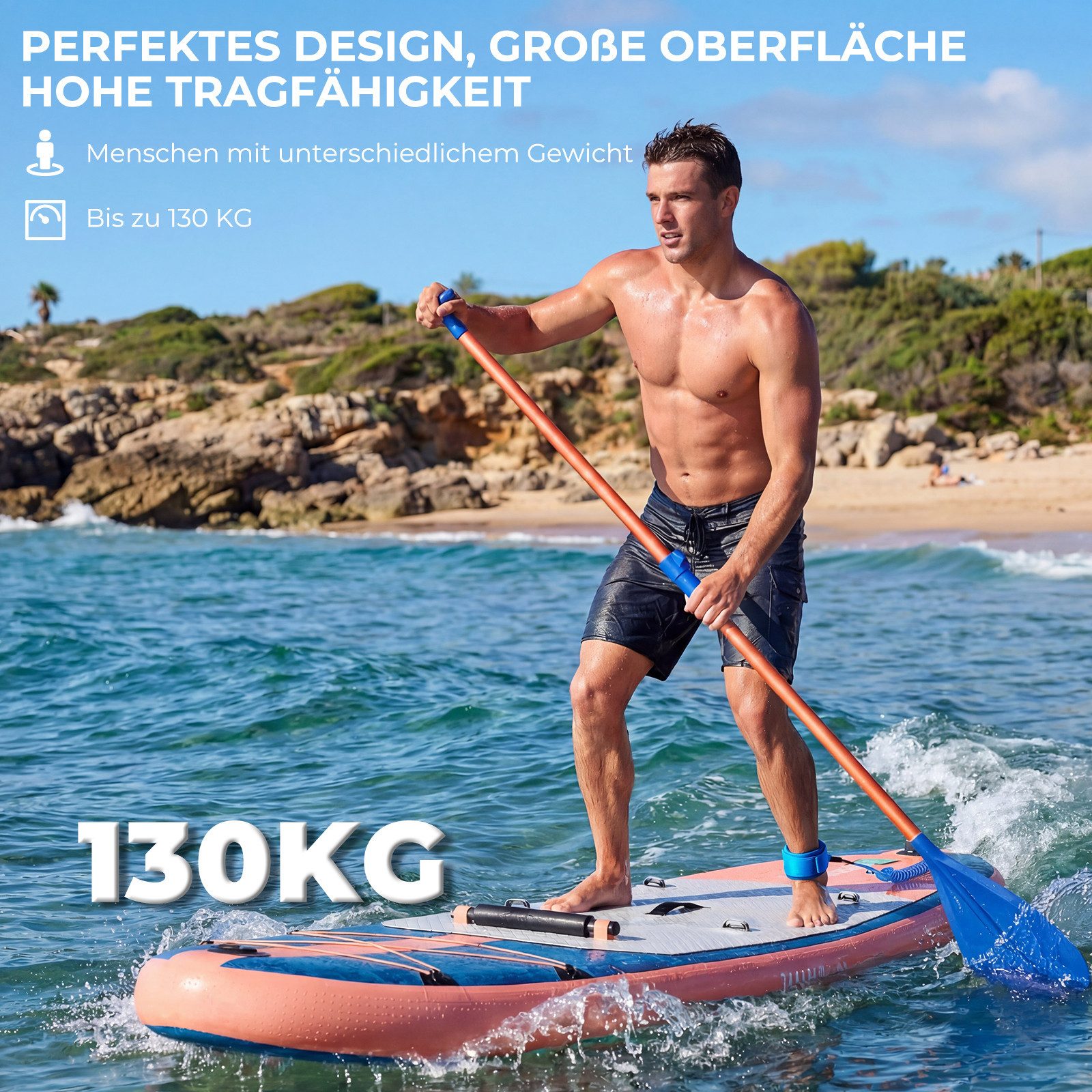 GUNJI Inflatable SUP-Board Aufblasbares 320*80*15CM stehendes Zellstoffbrett Tragfähigkeit 130KG, (Mit Kajaksitz, Rucksack, Pumpe, Doppelpaddeln, Sportkamerahalter, wasserdichter Handytasche, ideal zum Surfen, Angeln)
