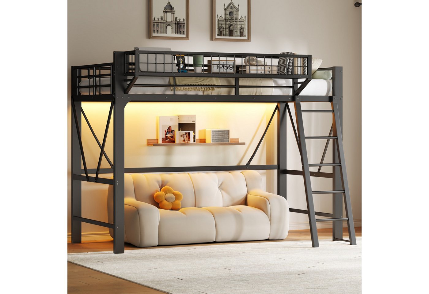 Merax Hochbett mit LED & Aufbewahrungskorb (1-St) Metallbett Kinderbett 90x200cm mit Stauraum & Sicherheitsgeländer