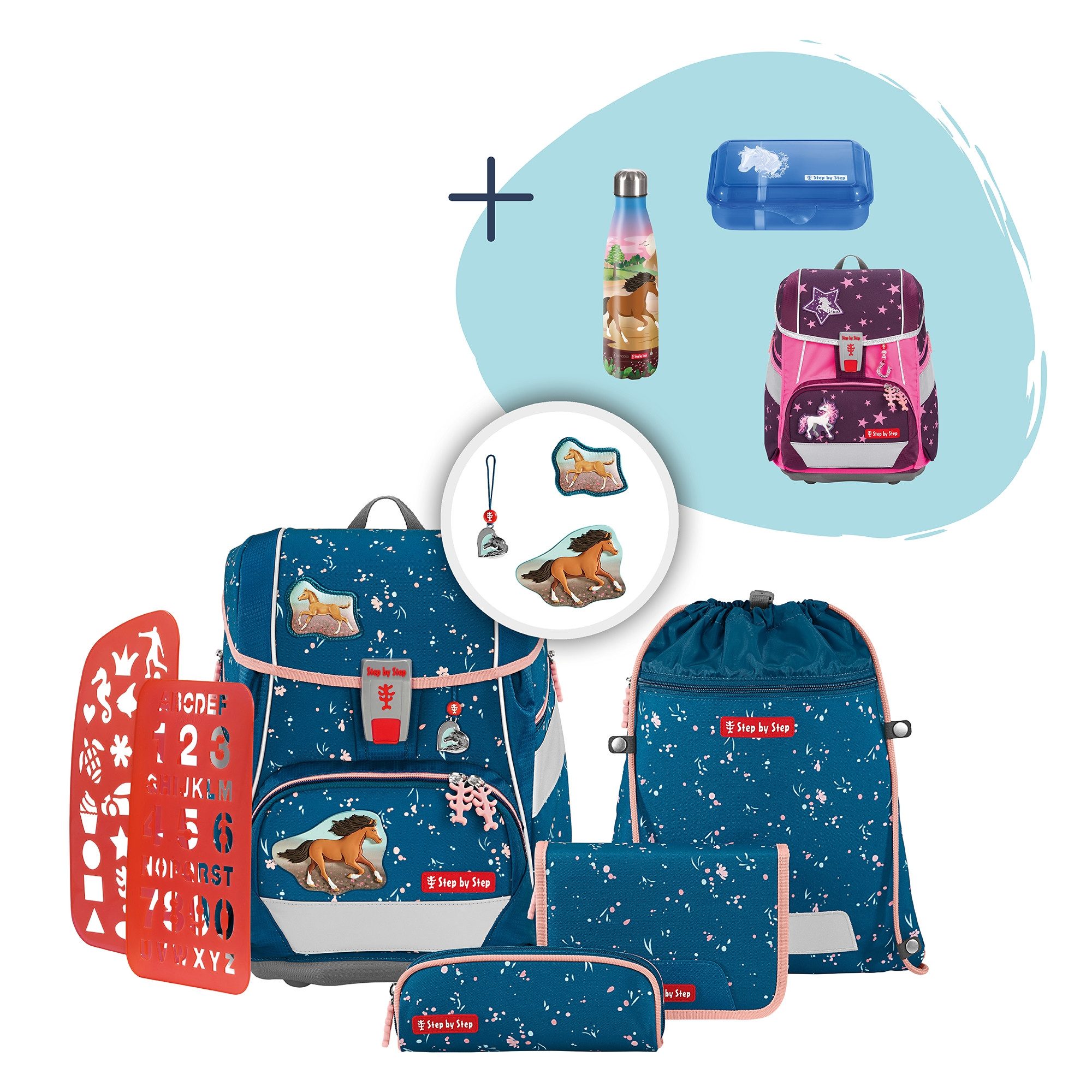 Step by Step Schulranzen 2IN1 PLUS „Wild Horse Ronja“, 9-teilig, blau (6-teilig, 9-tlg)