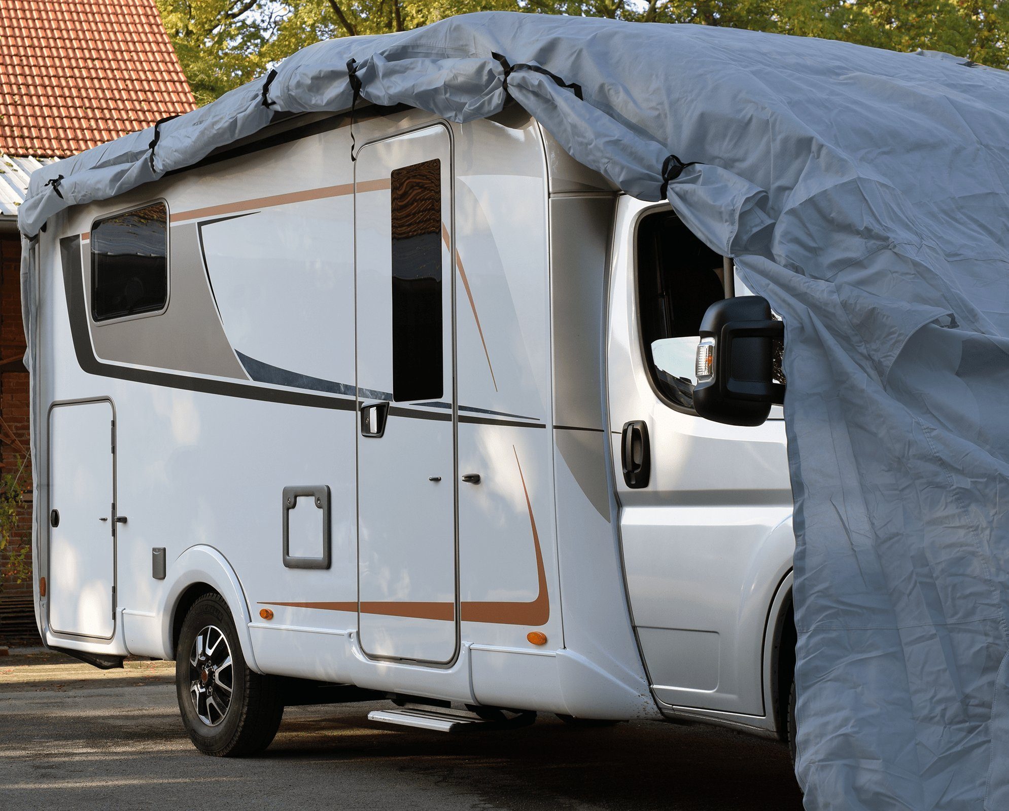 Green Yard Wohnmobilschutzhülle Abdeckplane Wohnmobil Schutzhülle XL 870 x 235 x 275 cm (1 Stück, inkl. Tragetasche), mit Reflektoren