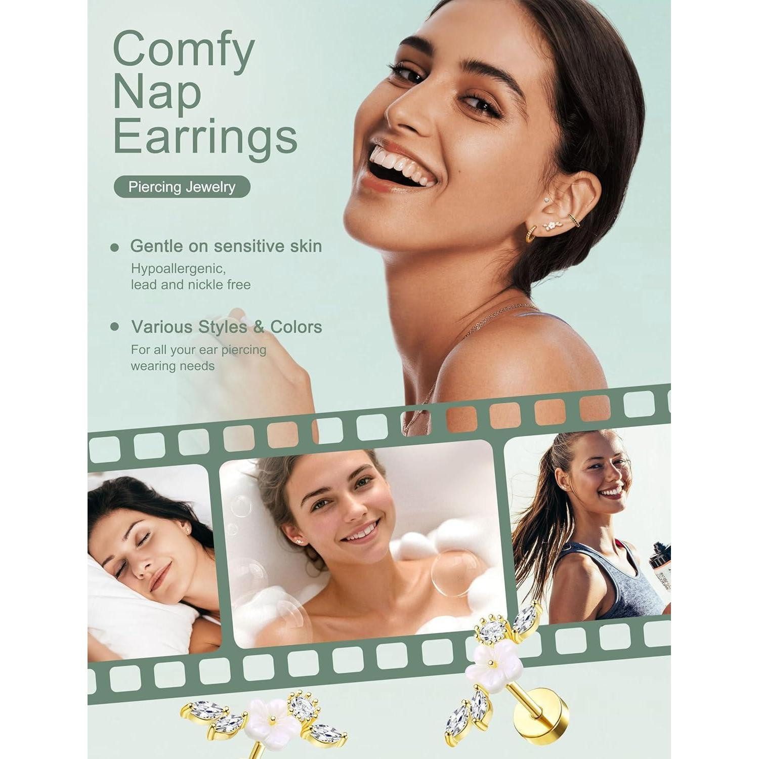 LuxusKollektion Piercing-Set Piercings 12er Set Helix Tragus Conch Ohrstecker CZ Gold-grüncz – Bild 5 von 5