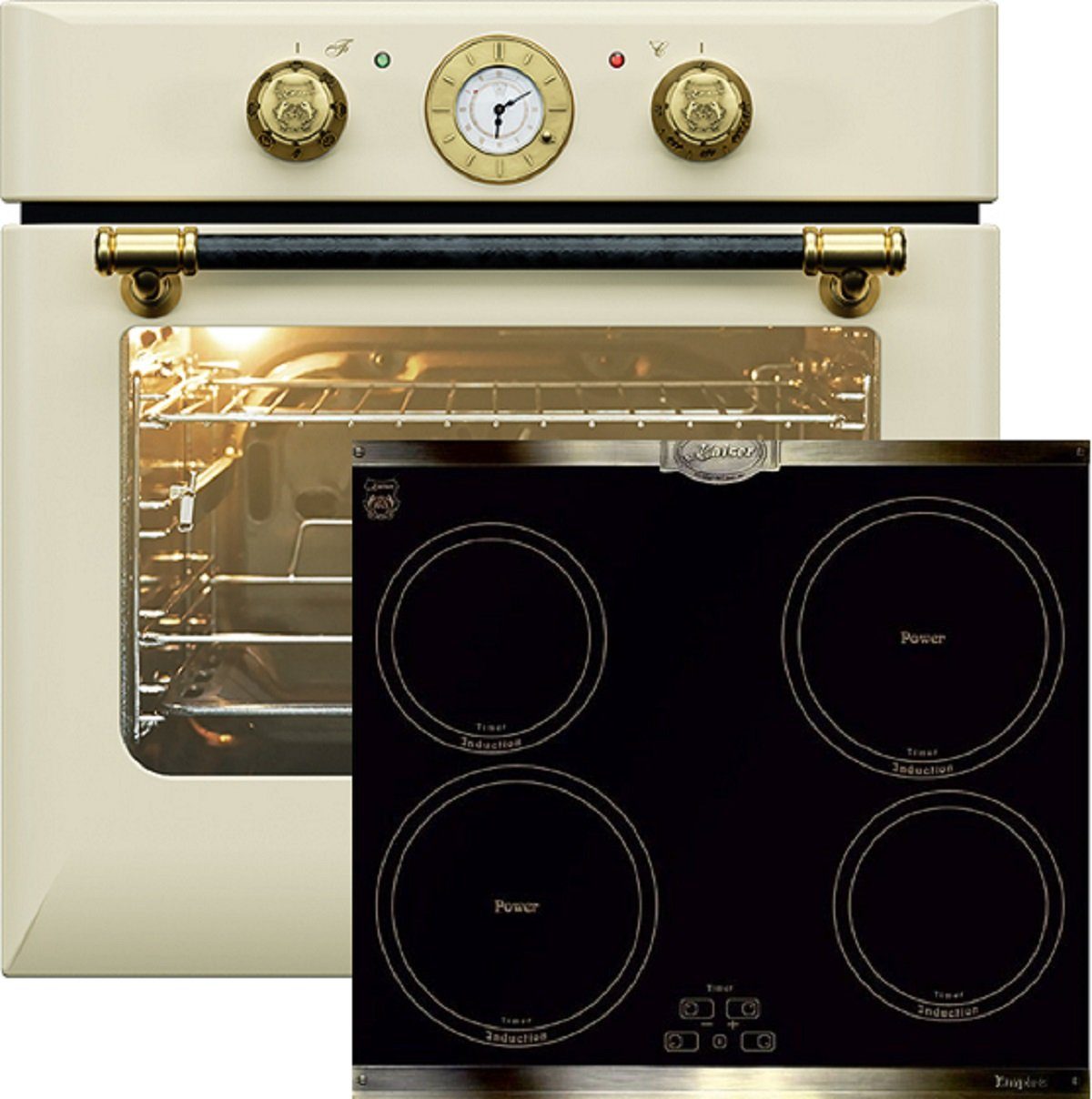 Kaiser Küchengeräte Induktions Herd-Set EH 6432 ElfBE Eco+Kaiser KCT 6395 Iem, Retro Einbau Backofen Elektro, 68 L+Induktionskochfeld 60 cm