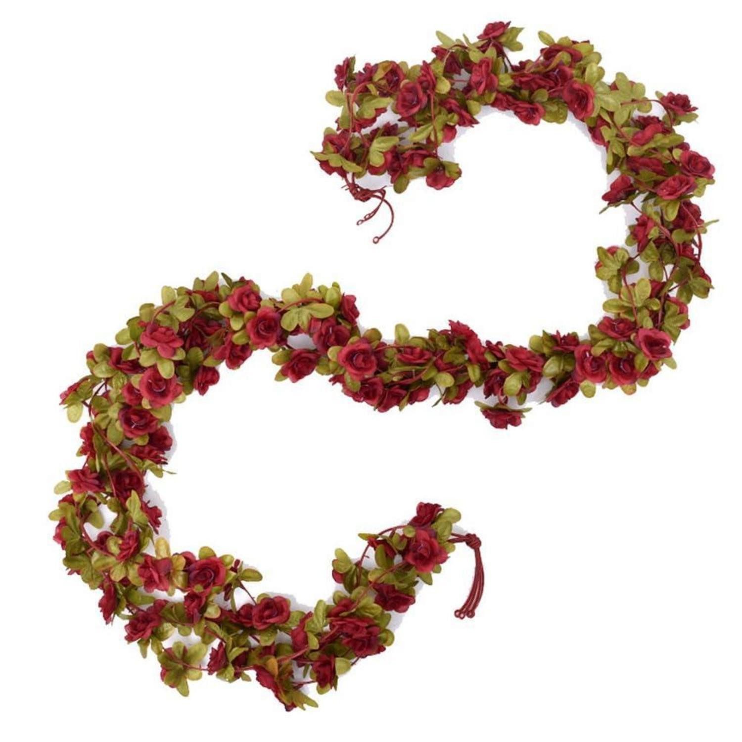 Kunstgirlande 2x Rosengirlande 2.4m Rotwein Kunstblumen Deko, LuxusKollektion, Höhe 10 cm