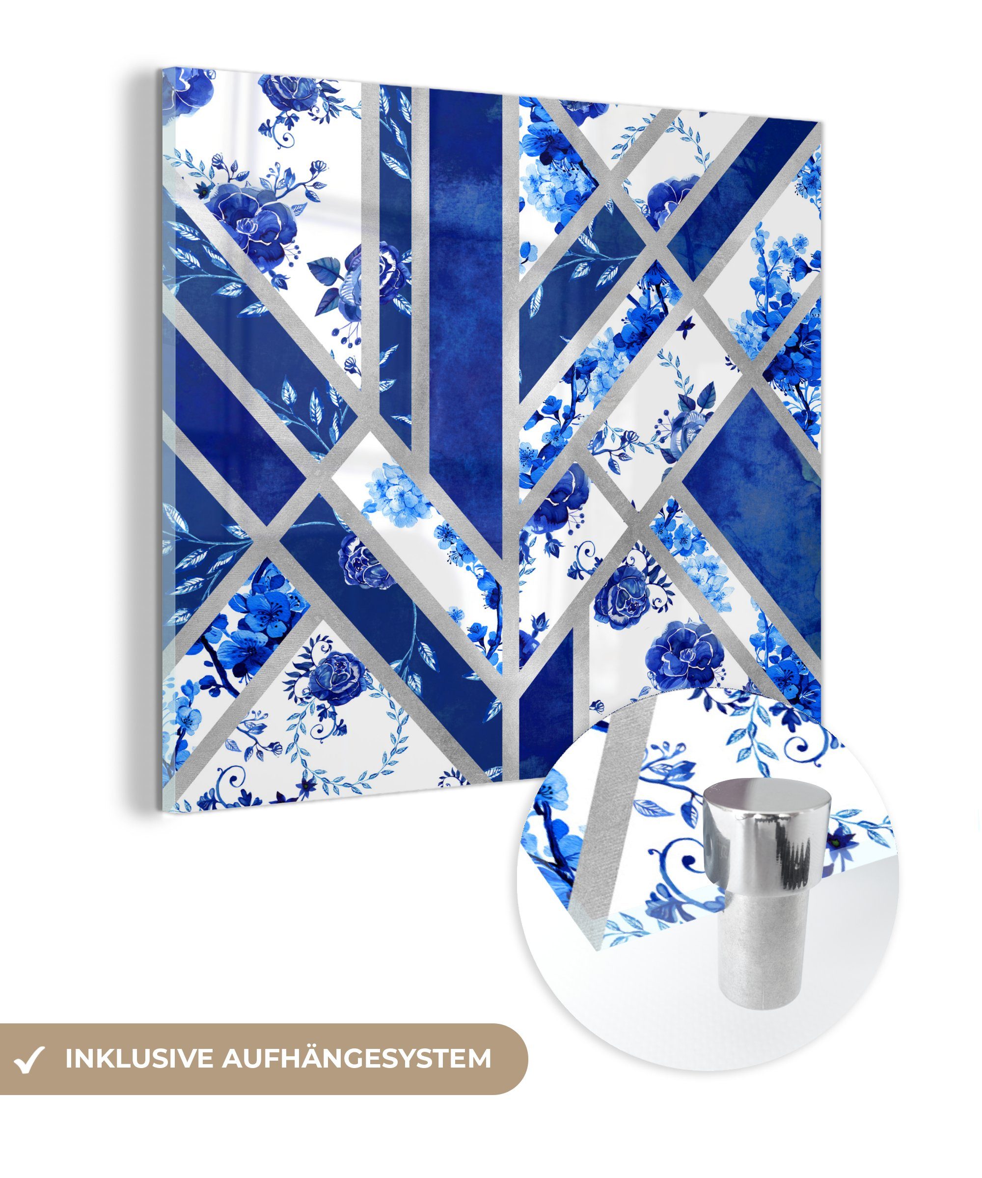 MuchoWow Acrylglasbild Delfter Blau - Muster - Abstrakt, (1 St), Glasbilder - Bilder auf Glas Wandbild - Foto auf Glas - Wanddekoration