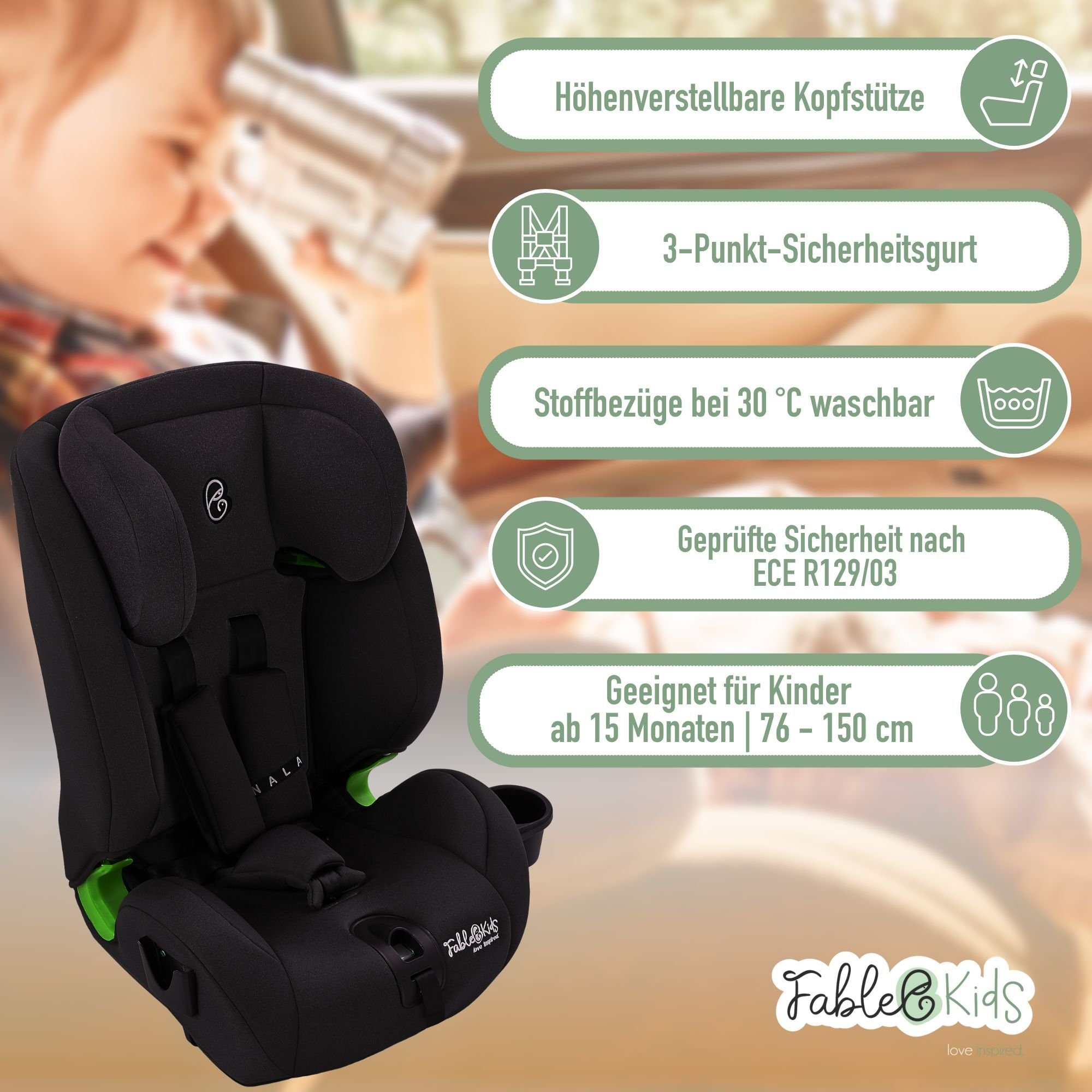 FableKids Autokindersitz NALA Autositz i-Size Kinderautositz mit Isofix 76-150 cm ECE R129/03, ab: 15 Monate, bis: 12 Jahre, ab: 76,00 cm, bis: 150,00 cm, (Schwarz)