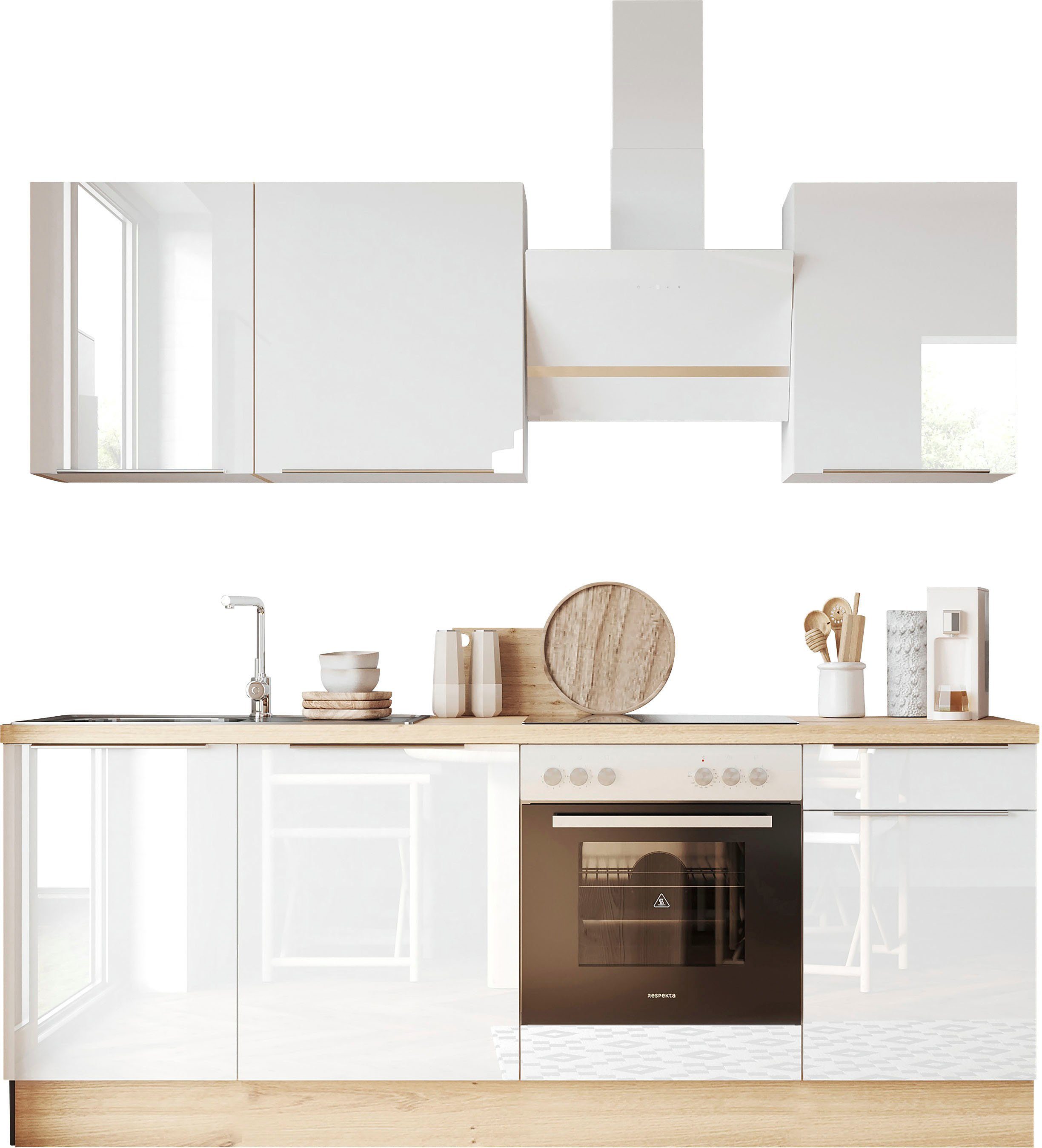 RESPEKTA Küchenzeile Safado aus der Serie Marleen, Breite 220 cm, hochwertige Ausstattung wie Soft Close Funktion Weiß Hochglanz / Weiß | Weiß Hochglanz