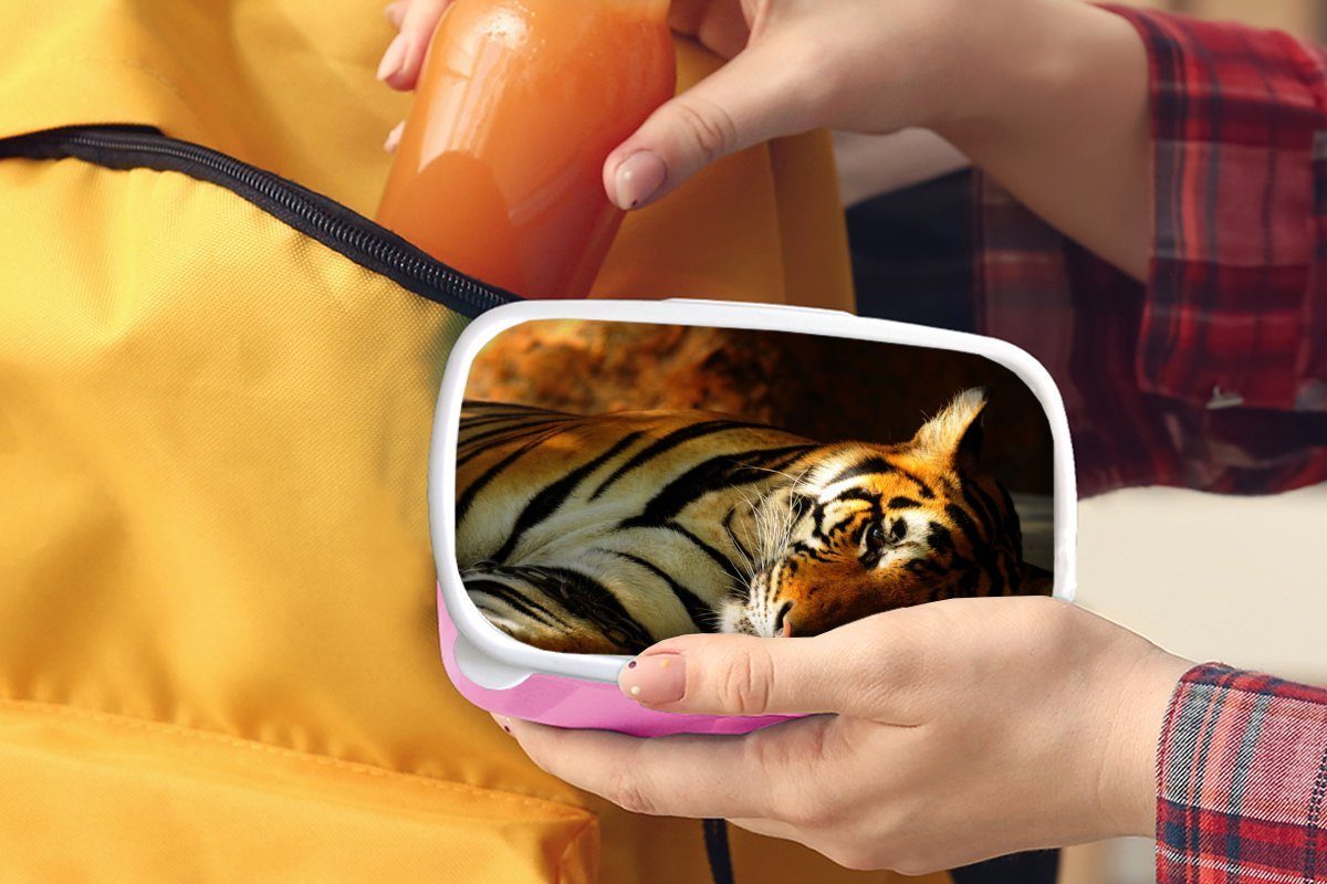 MuchoWow Lunchbox Tiger - Tiere (2-tlg), rosa - Erwachsene, Brotbox Kunststoff Brotdose Mädchen, Kinder, Snackbox, Ruhe, für Kunststoff