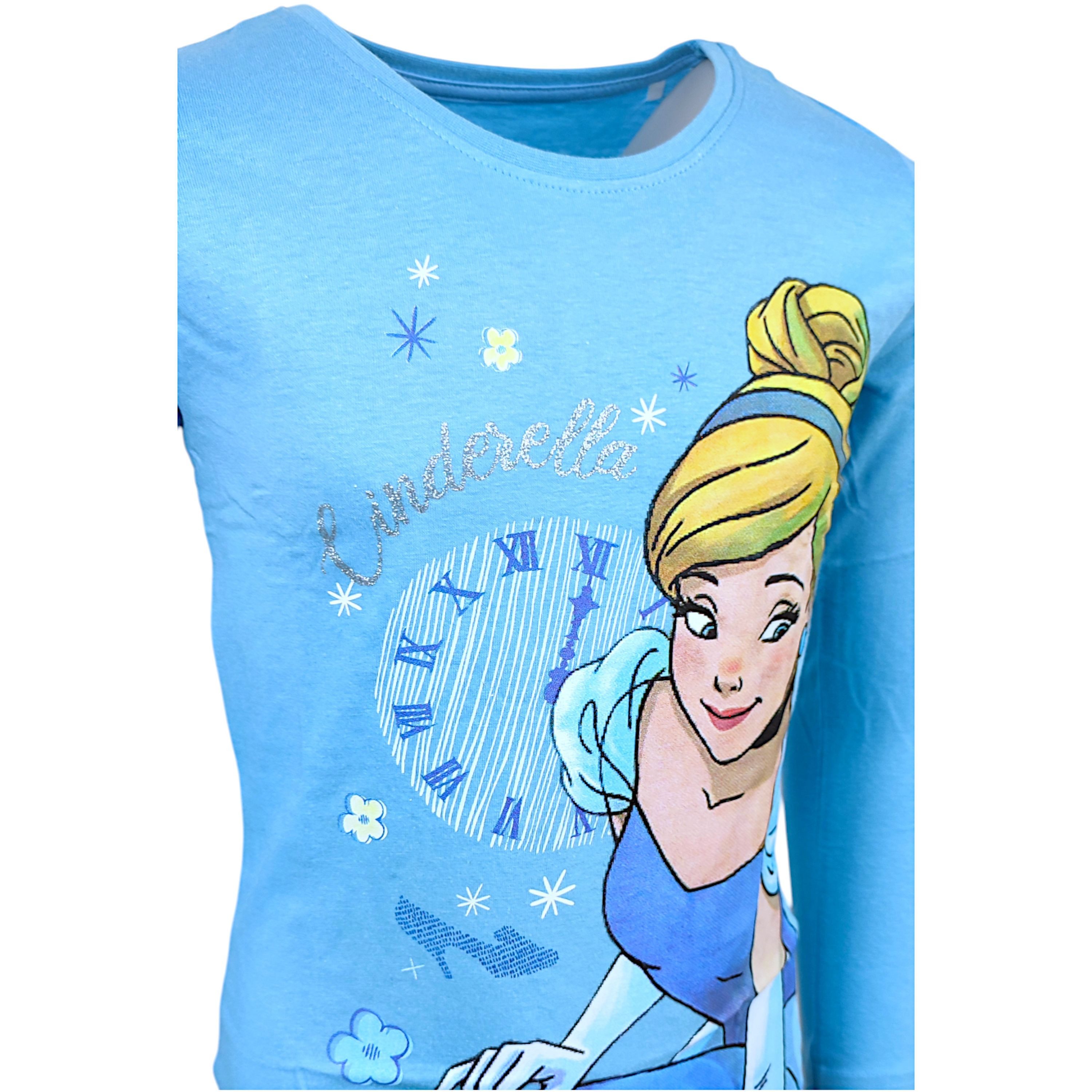 Disney Princess Langarmshirt Cinderella Mädchen Shirt mit Glitzer aus Baumwolle Gr. 98 - 128 cm