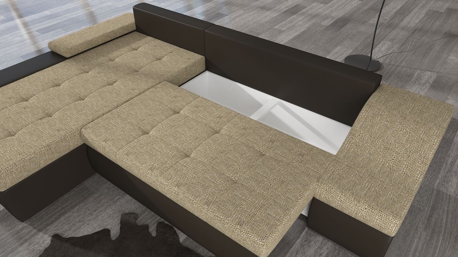 JVmoebel Ecksofa, Moderne Ecksofa Ontario Bettfunktion Wohnzimmer Couch Textil Sofas Hellbraun / Dunkelbraun