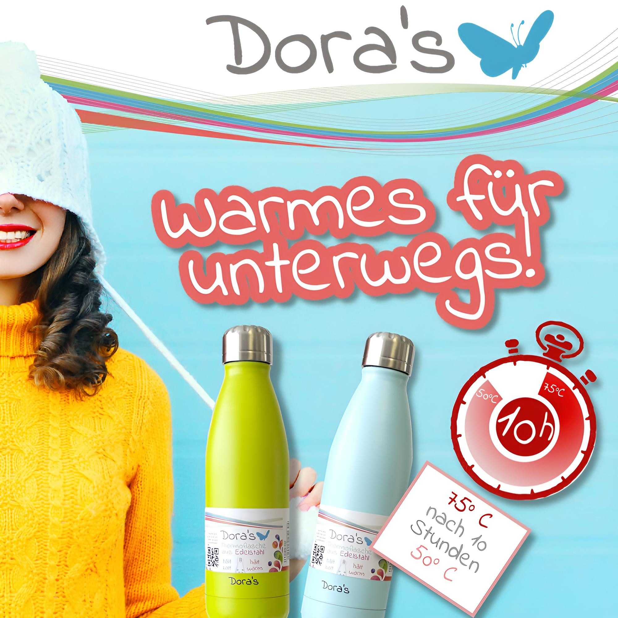 Dora's Thermoflasche Sport-Thermoflasche 0,65l – Edelstahl Trinkflasche, isoliert, Funktionaler Sportverschluss - Tragegriff am Deckel