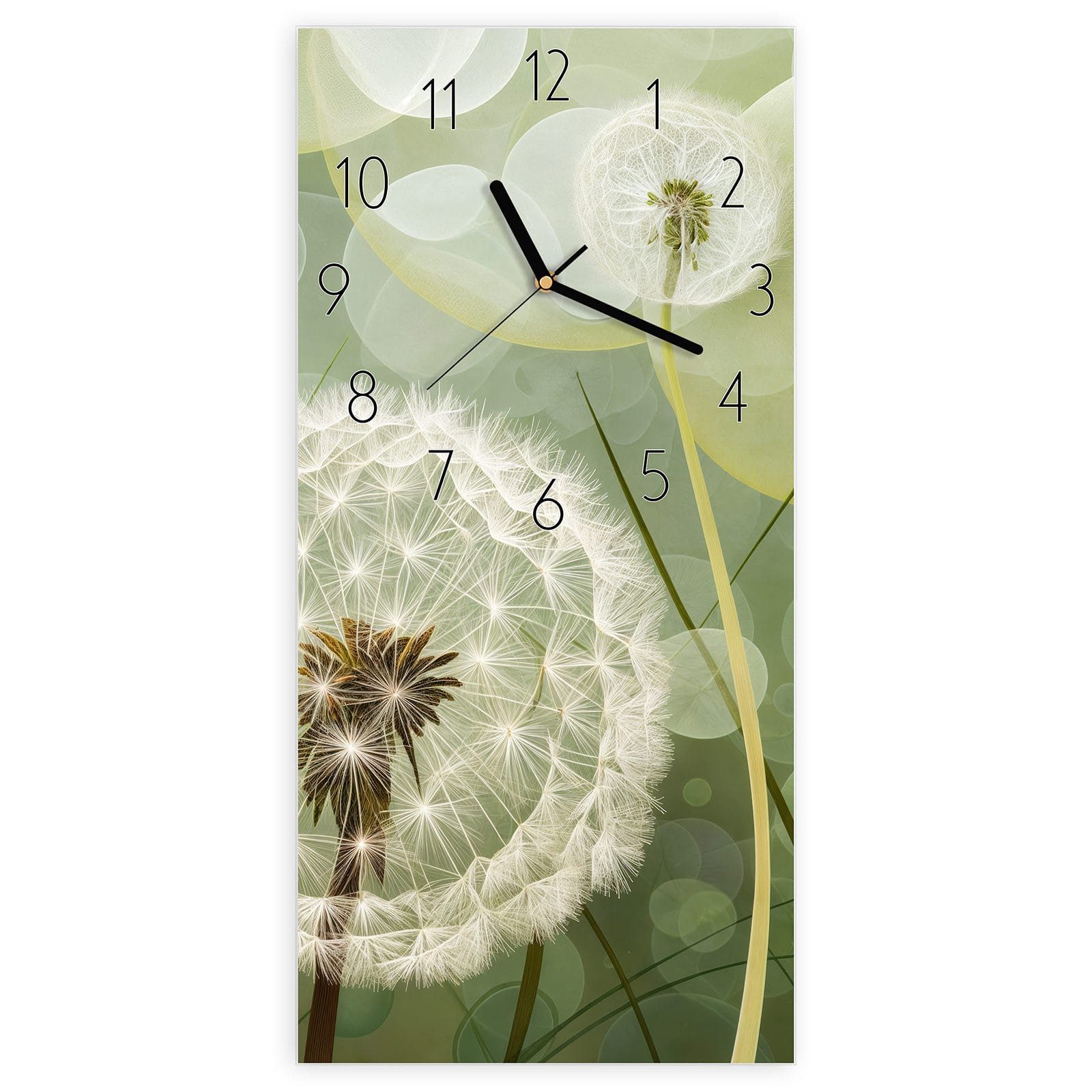 Wanduhr Glasuhr Wandkunst Größe 30 x 60 cm mit Motiv Löwenzahnzarte Blüten