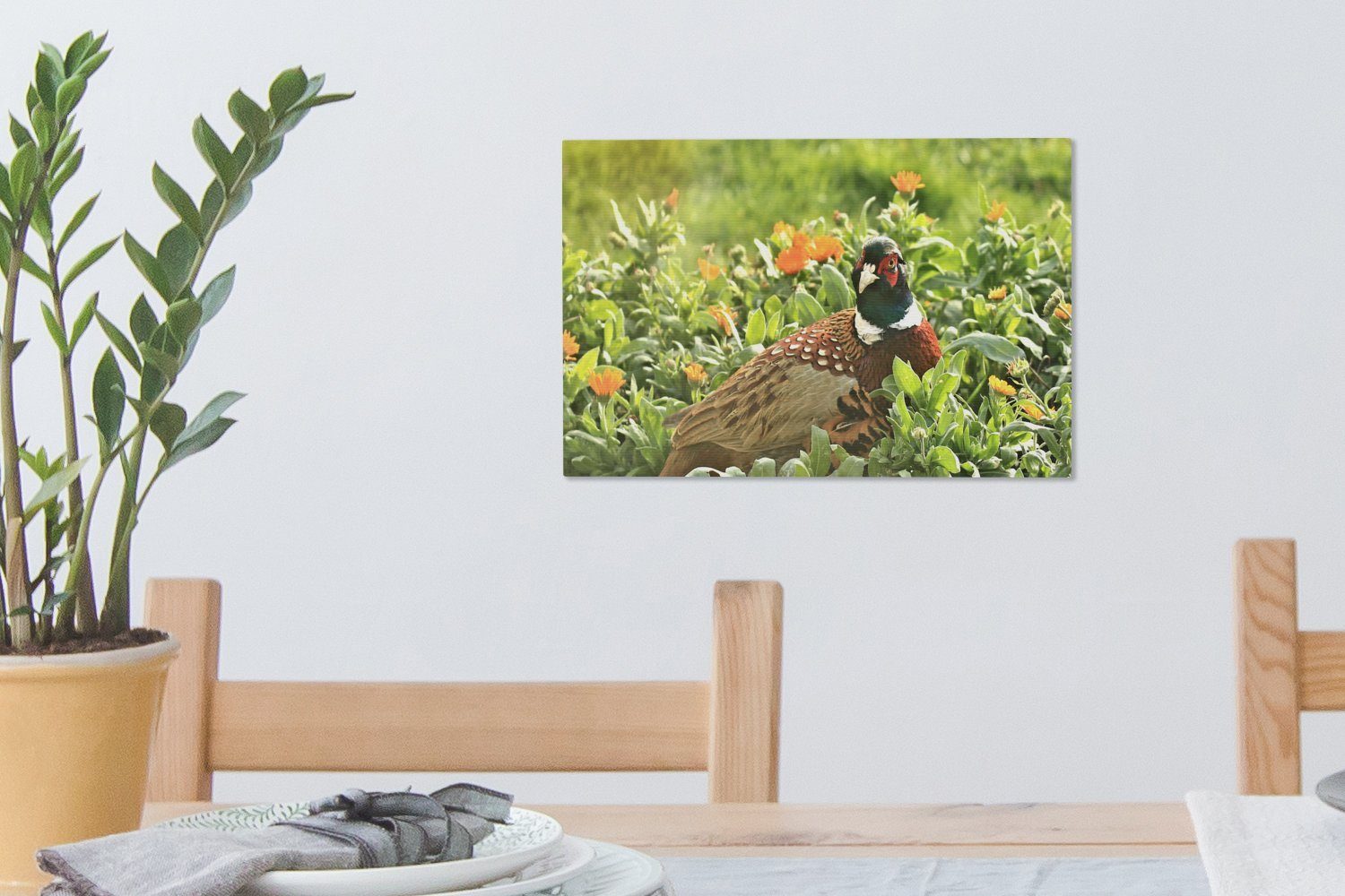 OneMillionCanvasses® Leinwandbild Blume - - Wanddeko, Aufhängefertig, 30x20 Wandbild Vogel Leinwandbilder, (1 Fasan, St), cm