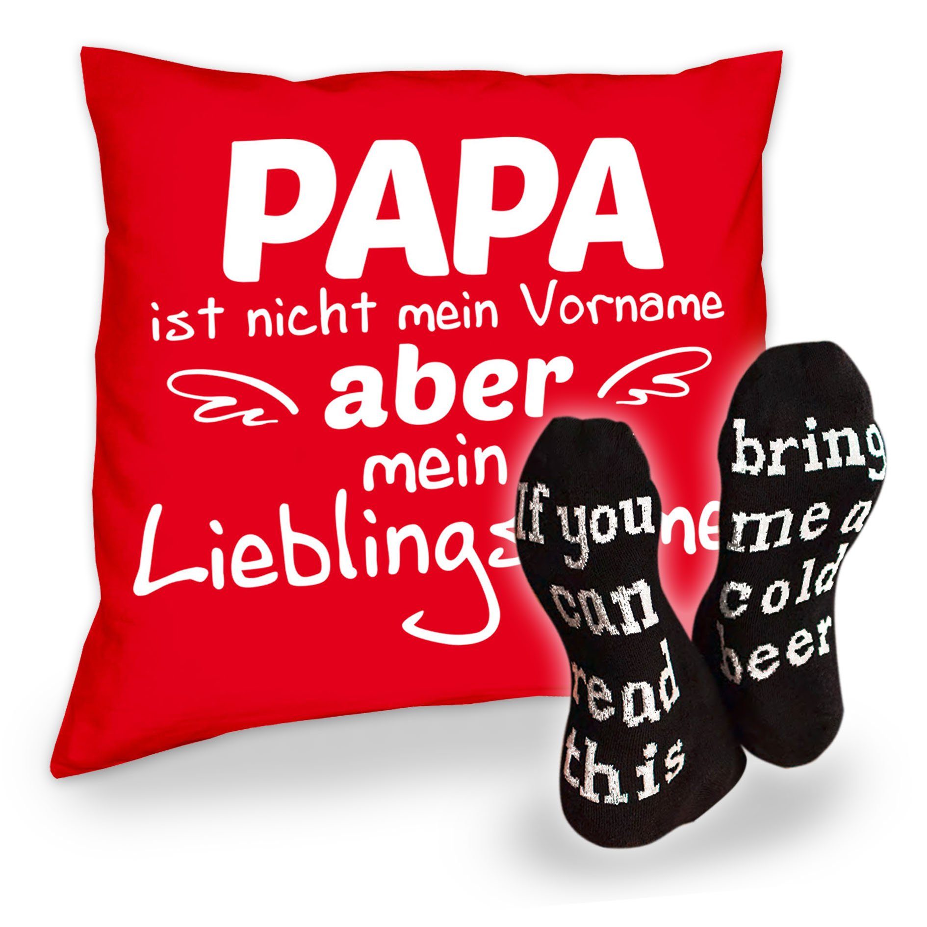 Soreso® Dekokissen Kissen Papa Lieblingsname und Socken mit Bier Spruch, Geschenk Geburtstagsgeschenk rot
