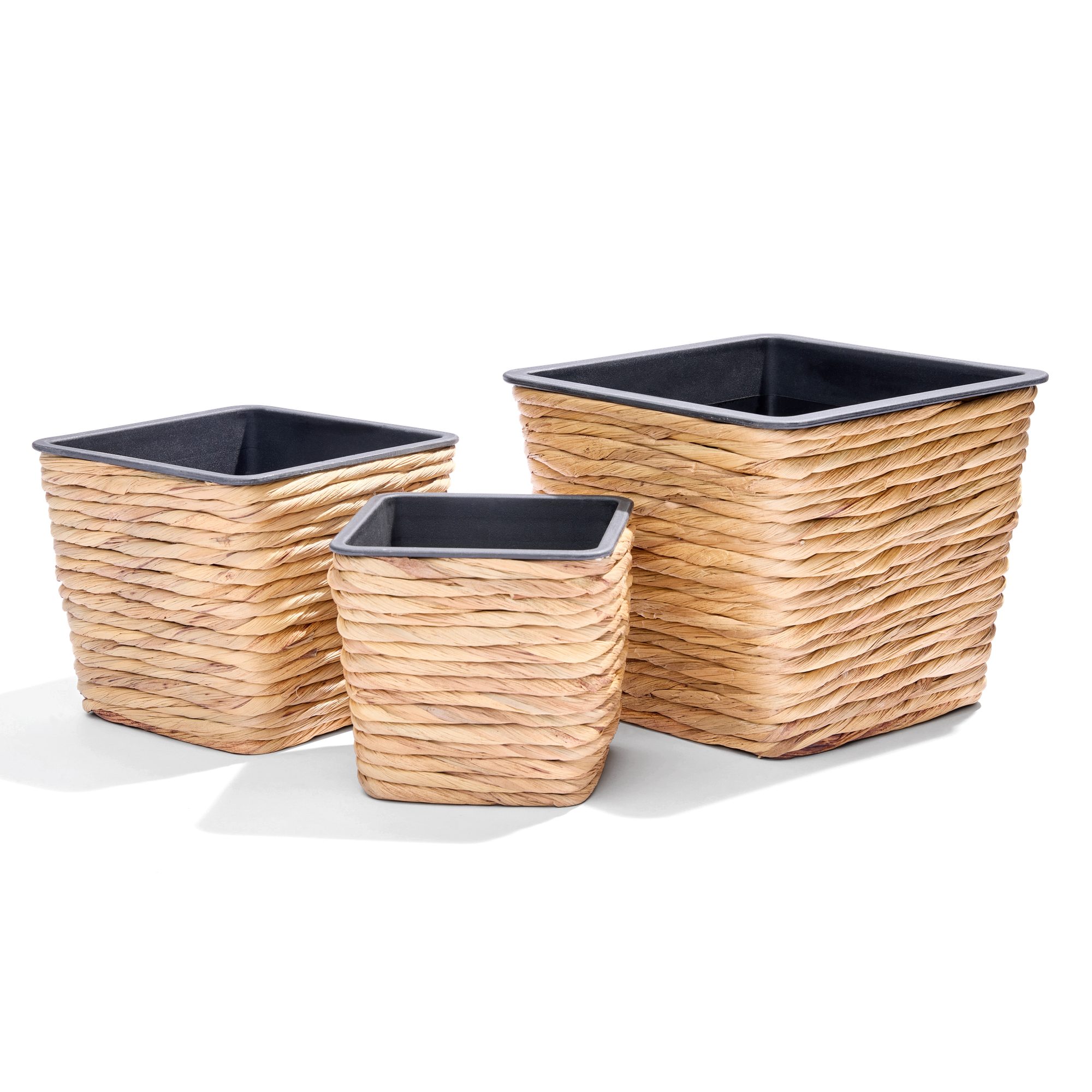 INtrenDU Blumentopf Seegras Eckig 3er Set mit Innentopf (Schwarz – Pflanzkorb Geflochten Uebertopf Boho Deko, Pflanztopf Quadratisch 3 Groessen fuer Zimmerpflanzen)