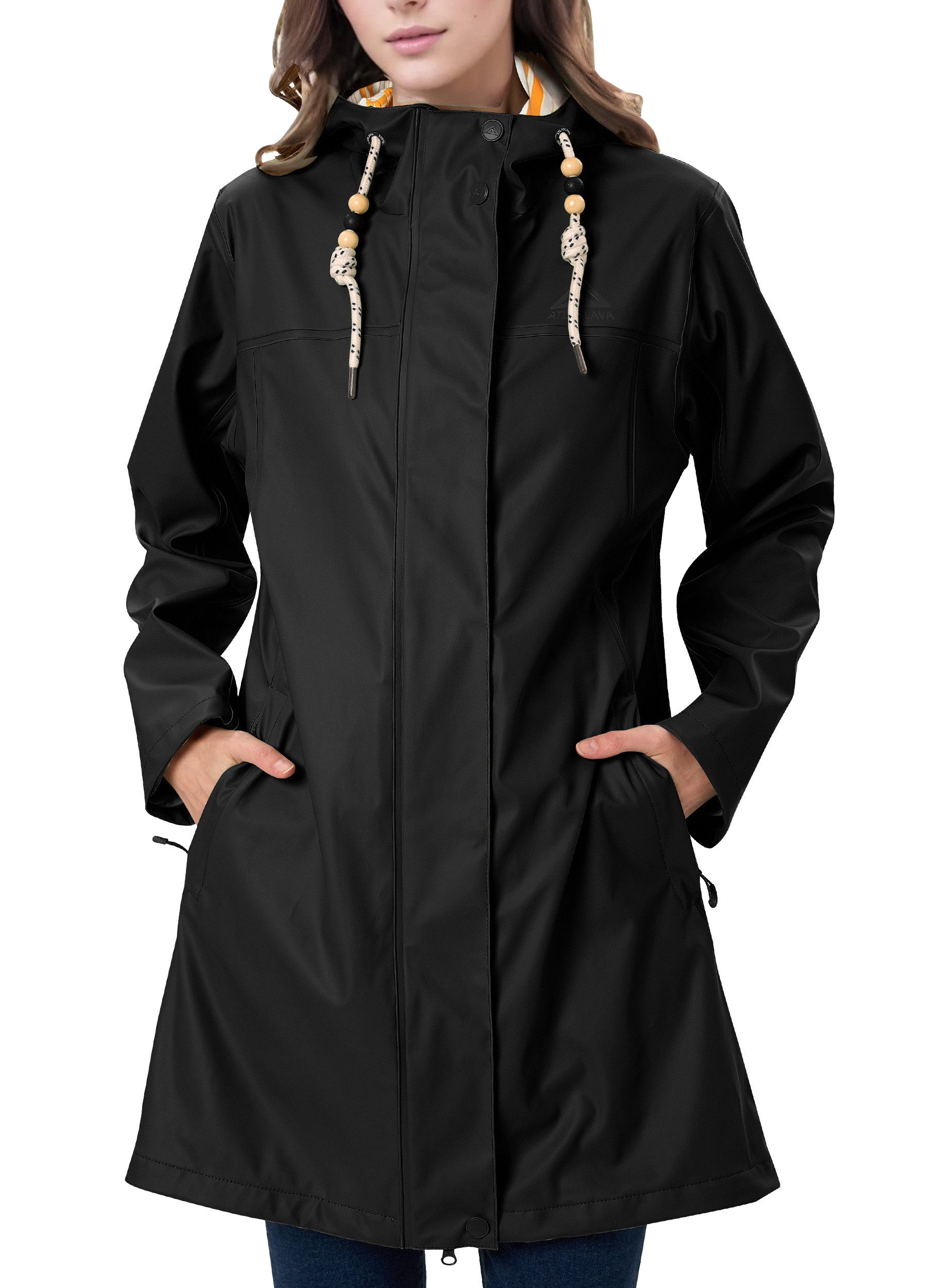 ATLASLAVA Regenmantel Damen Übergangsjacke PU Wasserdicht (1-tlg) Frauen Regenjacke Lang Parka Regenparka mit Kapuze Outdoor