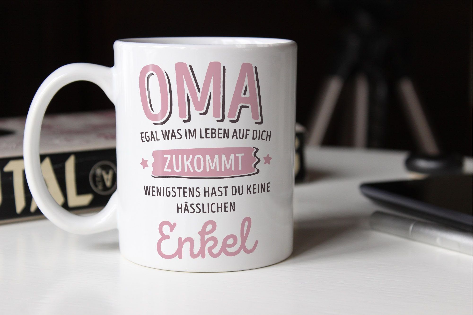 Kaffee-Becher Keramik Oma-Enkel hast keine hässlichen Geschenk du anpassen im MoonWorks®, Kinder auf zukommt Tasse was weiß MoonWorks Leben wenigstens dich Tasse egal