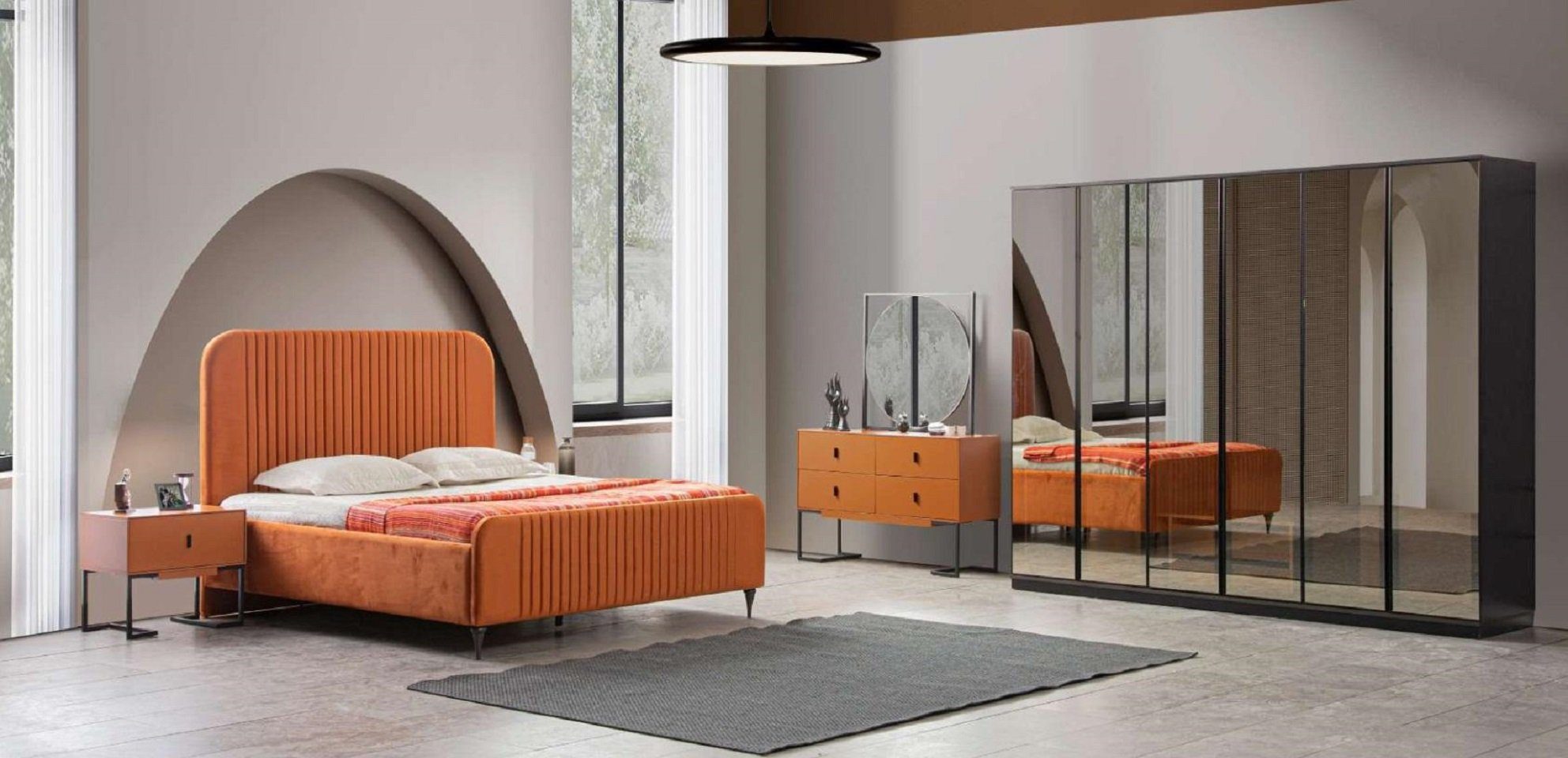 JVmoebel Schlafzimmer-Set Komplettes Schlafzimmer Bett 2x Nachttische 5tlg.  Modern Set Luxus Neu, (5-St., Bett + 2x Nachttische + Kleiderschrank +  Schminktisch), Made in Europe