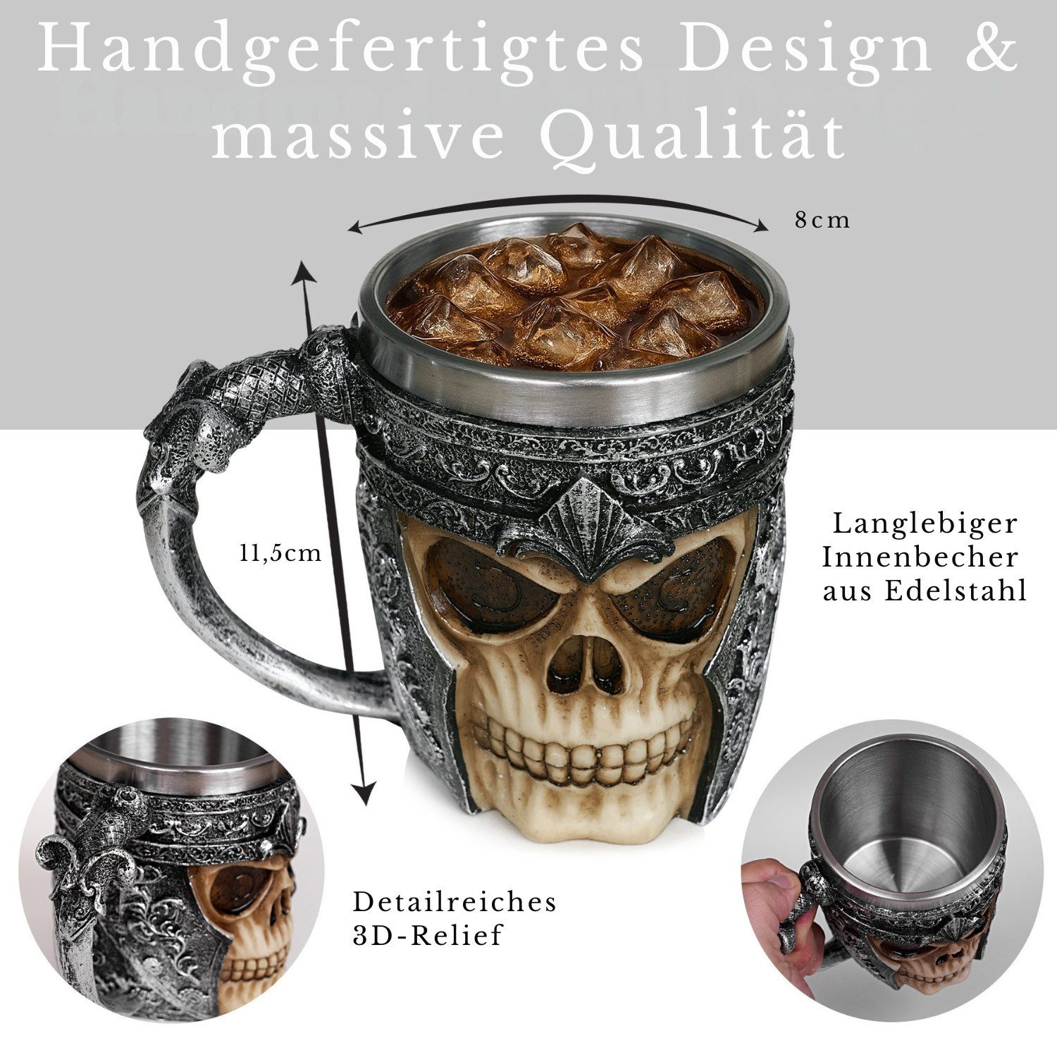 Geschenkehöhle Bierkrug 3D Totenkopf Tasse aus Edelstahl - Wikinger Skull Head Schädel Becher, 400 ml purer Genuss – ob eisgekühlt oder feurig heiß