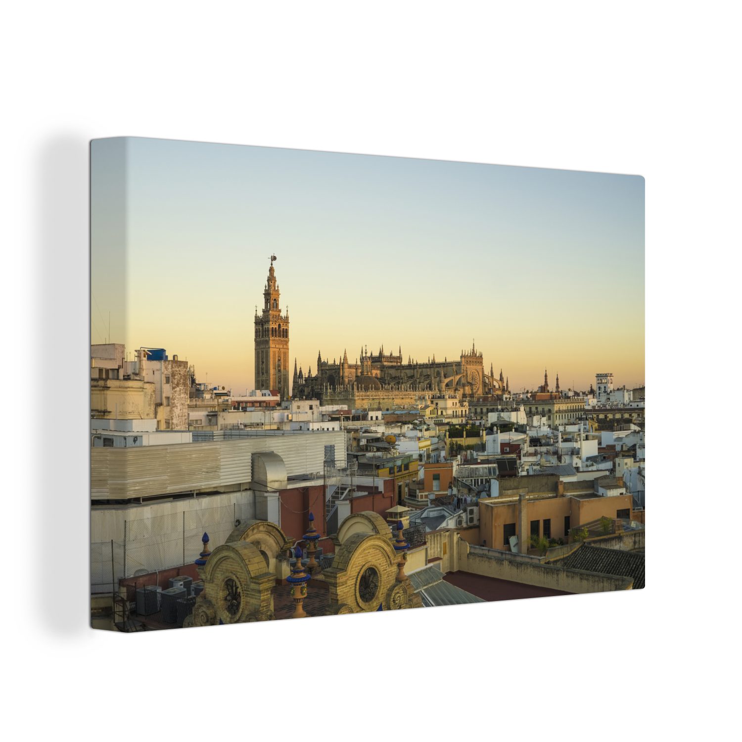 OneMillionCanvasses® Leinwandbild Sevilla - Skyline - Sonne, (1 St), Wandbild Leinwandbilder, Aufhängefertig, Wanddeko, 30x20 cm | Leinwandbilder