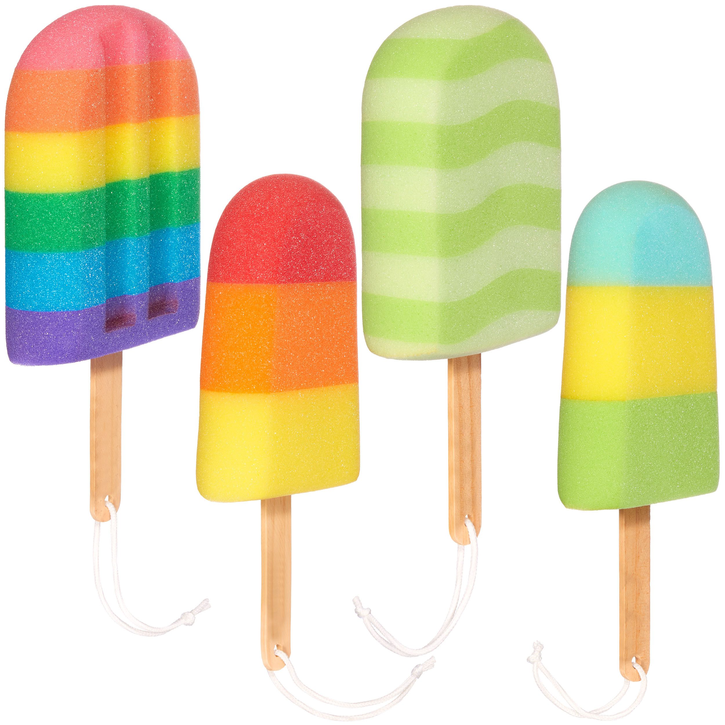 BRUBAKER Duschschwamm Badeschwamm Set Eis am Stiel - Seifschwamm für Kinder und Erwachsene, 4-tlg., Badeknäuel zum Einseifen - Waschschwamm inkl. Geschenkbox - Bunt