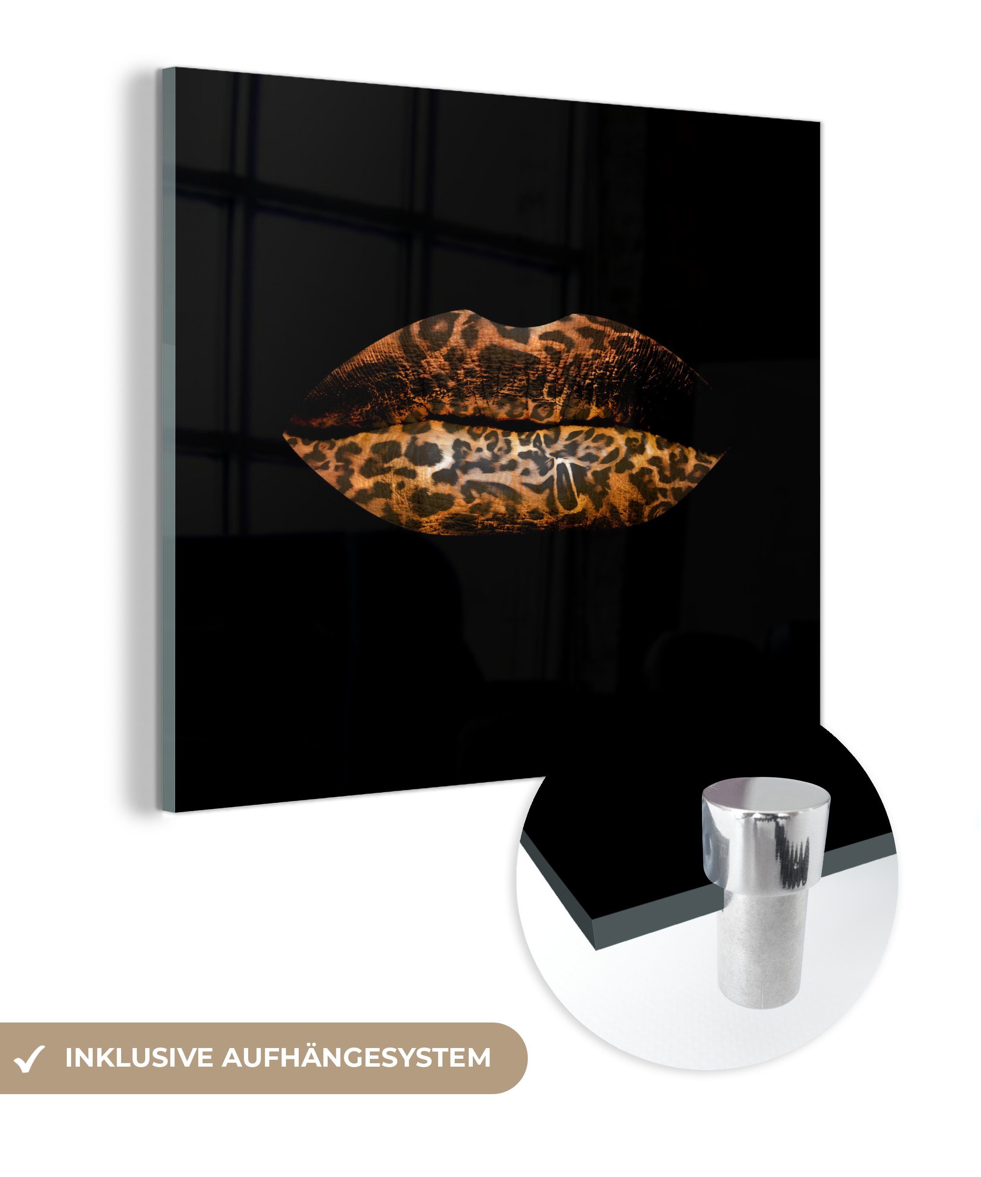 MuchoWow Acrylglasbild Lippen - Tigerdruck - Schwarz, (1 St), Glasbilder - Bilder auf Glas Wandbild - Foto auf Glas - Wanddekoration bunt | Bilder