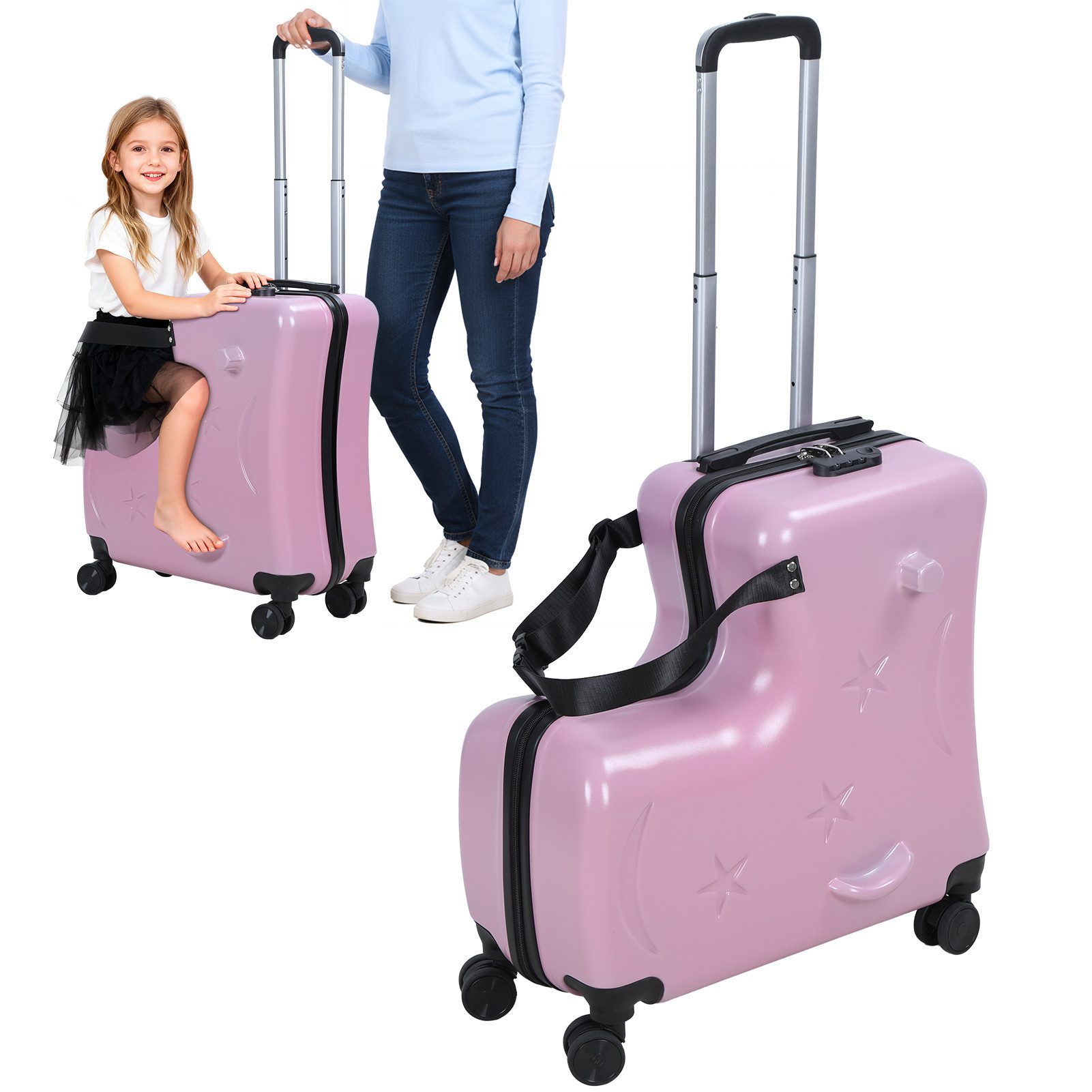 Rutaqian Kinderkoffer Hartschalen-Trolley, 50cm Große Handgepäckkoffer mit Kindersitz, 4 Rollen, Reisekoffer Koffer Kindertrolley mit Sicherheitsgurt und Zahlenschloss