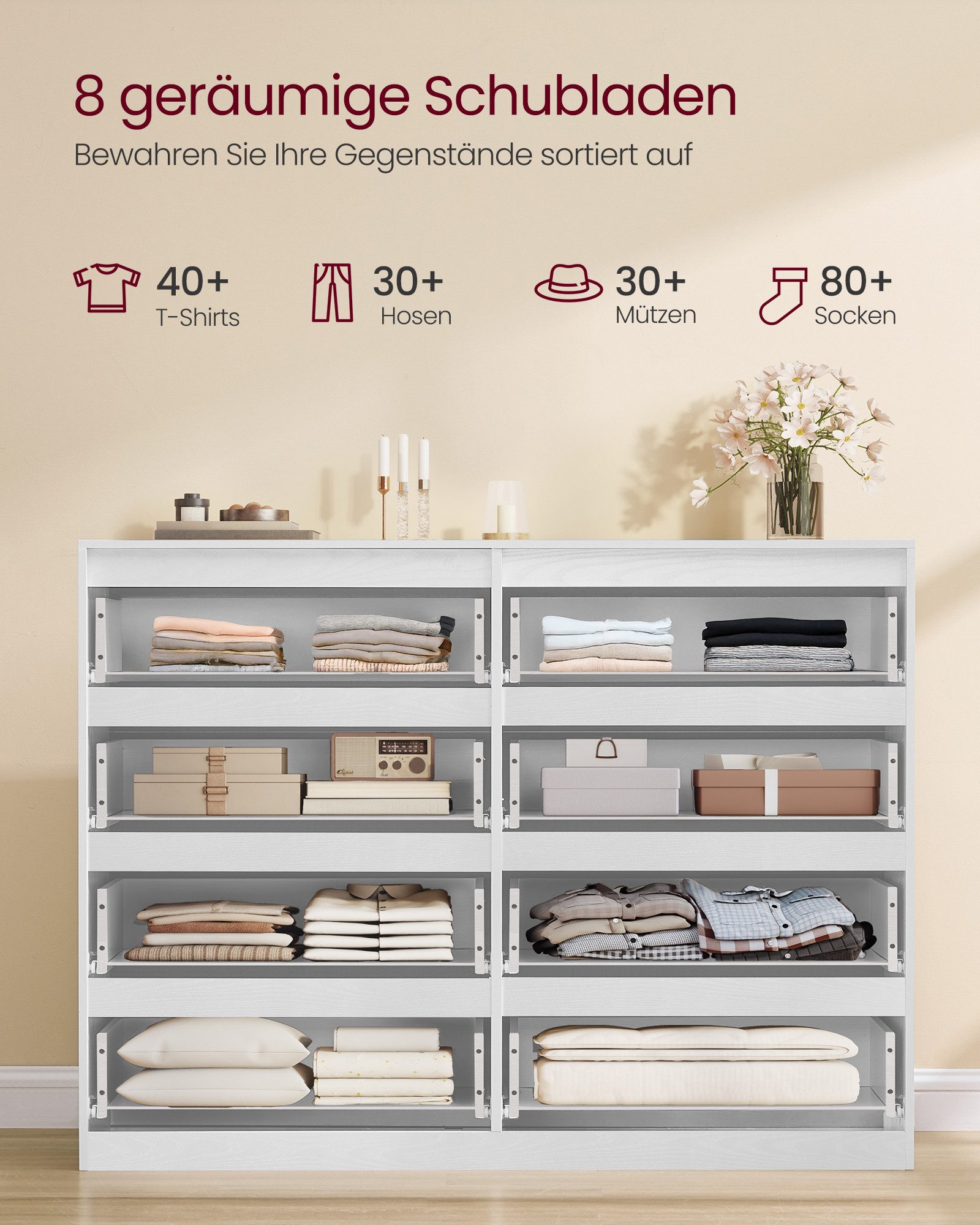 VASAGLE Kommode, mit 6 / 8 Schubladen, Aufbewahrungsschrank, Wäschekommode modern