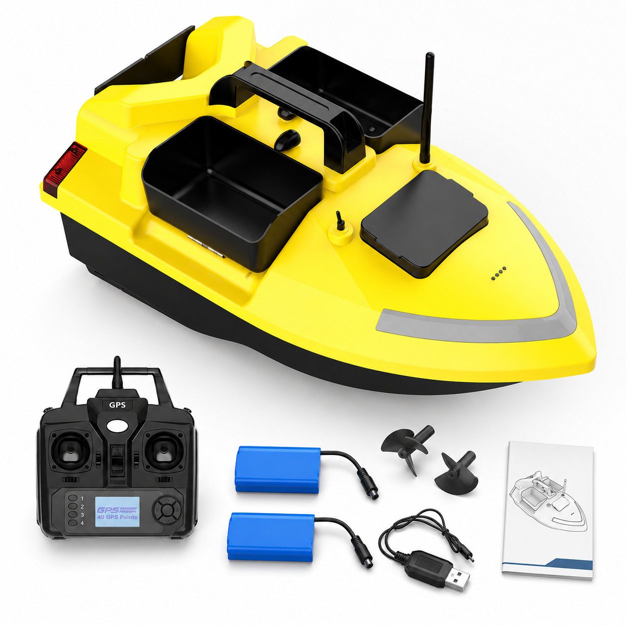 Tekoo RC-Boot GPS Futterboot nachtleuchtend, 2x 12.000mAh Akku, 2kg Traglast (Set, Komplettset (RTR), Auto-Return Funktion, Nachtleuchtend, 40 GPS-Spots