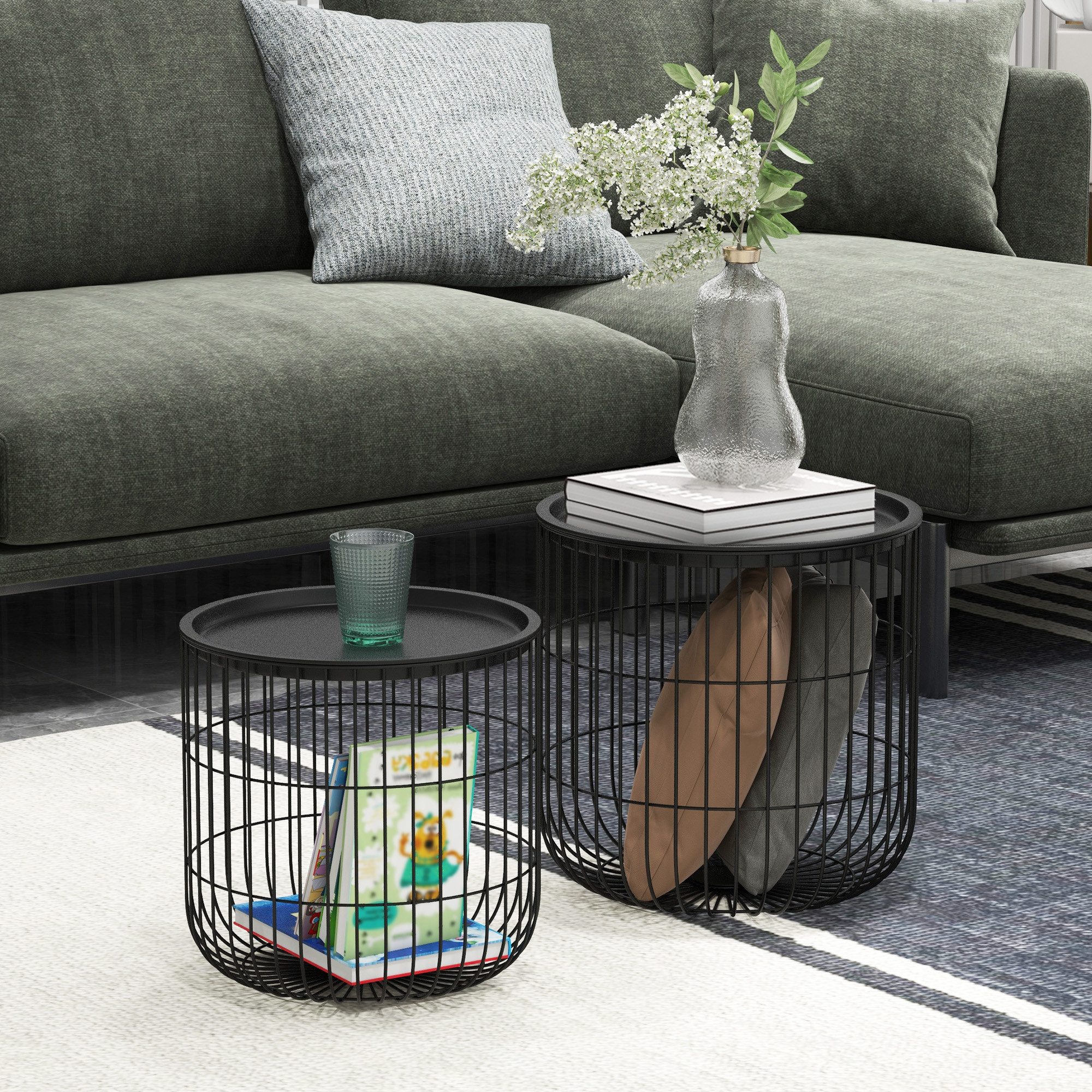 HOMCOM Couchtisch Runder Beistelltisch mit Stauraum, Skandidesign, Wohnzimmertisch (Sofatisch, 2-St., Kaffeetisch), für Wohnzimmer, Schlafzimmer, Stahl, Schwarz