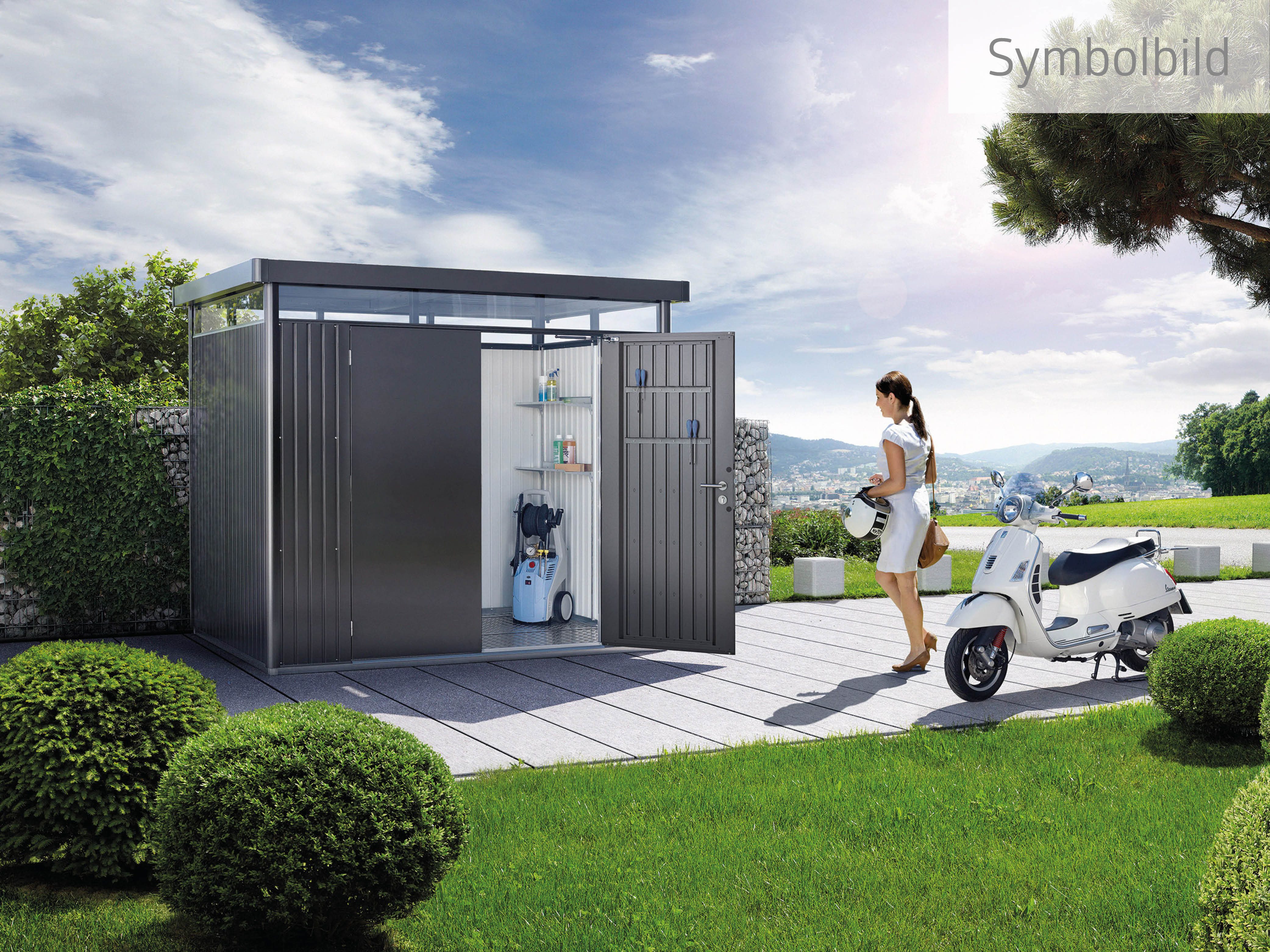 Biohort Gerätehaus HIGHLINE Gr. H1, verschiedene Farben, BxT: 275x155 cm, stylisches Metall-Gartenhaus mit Flachdach