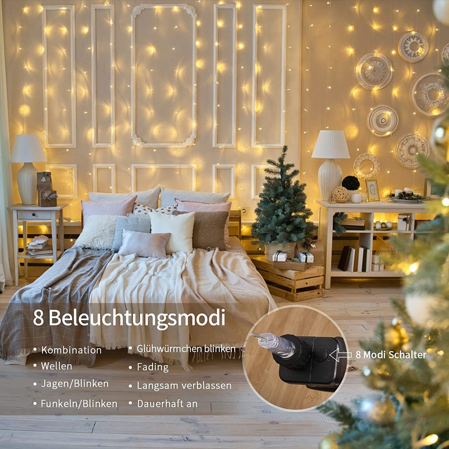 Deko, 306-flammig, für Schlafzimmer Lichterkettenvorhang LED-Lichterkette Speicherfunktion, 8 Fenster Terrasse 3x3M, Daskoo Weihnachten Leuchtmodi, Wasserdicht, für