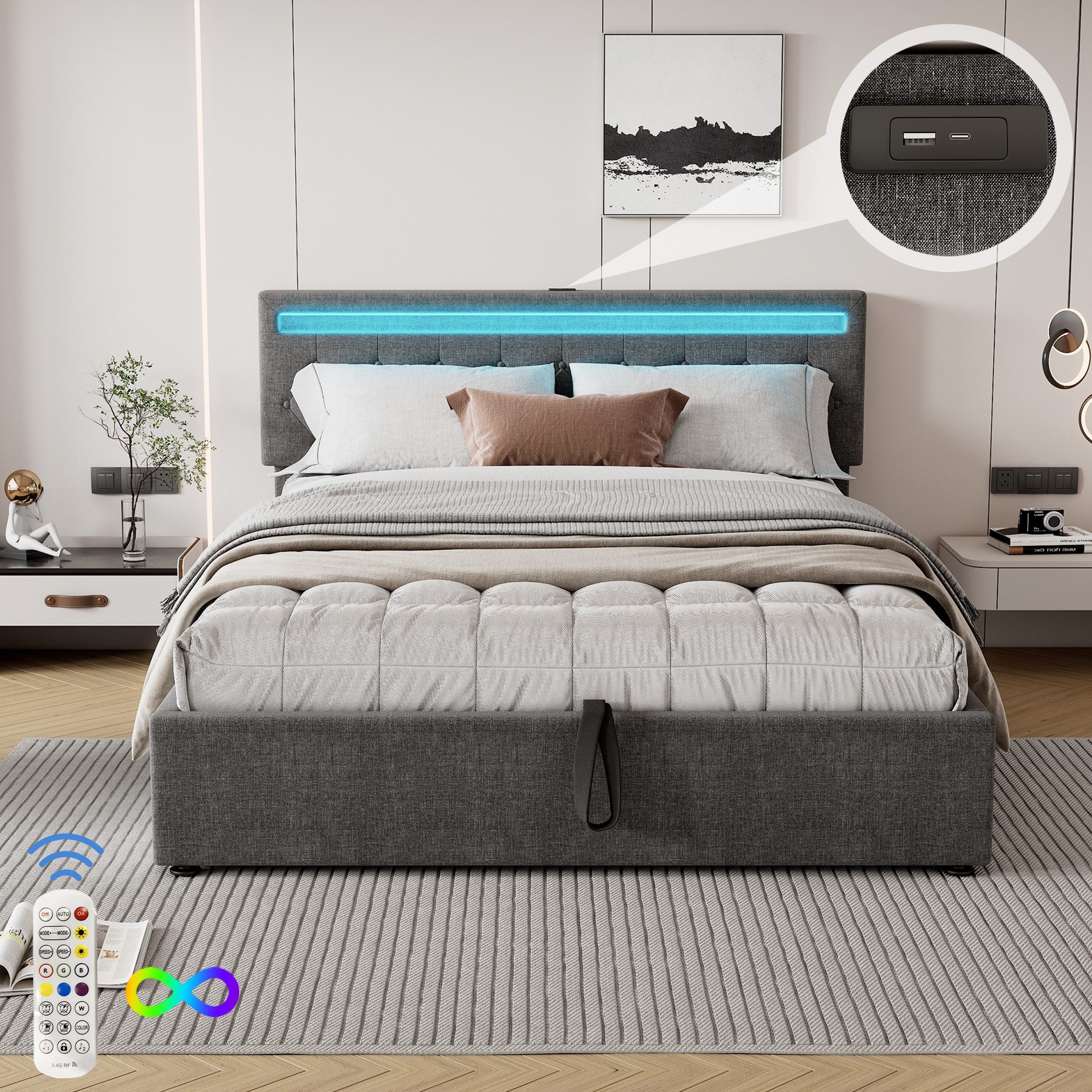 Flieks Polsterbett, LED Hydraulisches Doppelbett 160x200cm mit Ladefunktion günstig online kaufen
