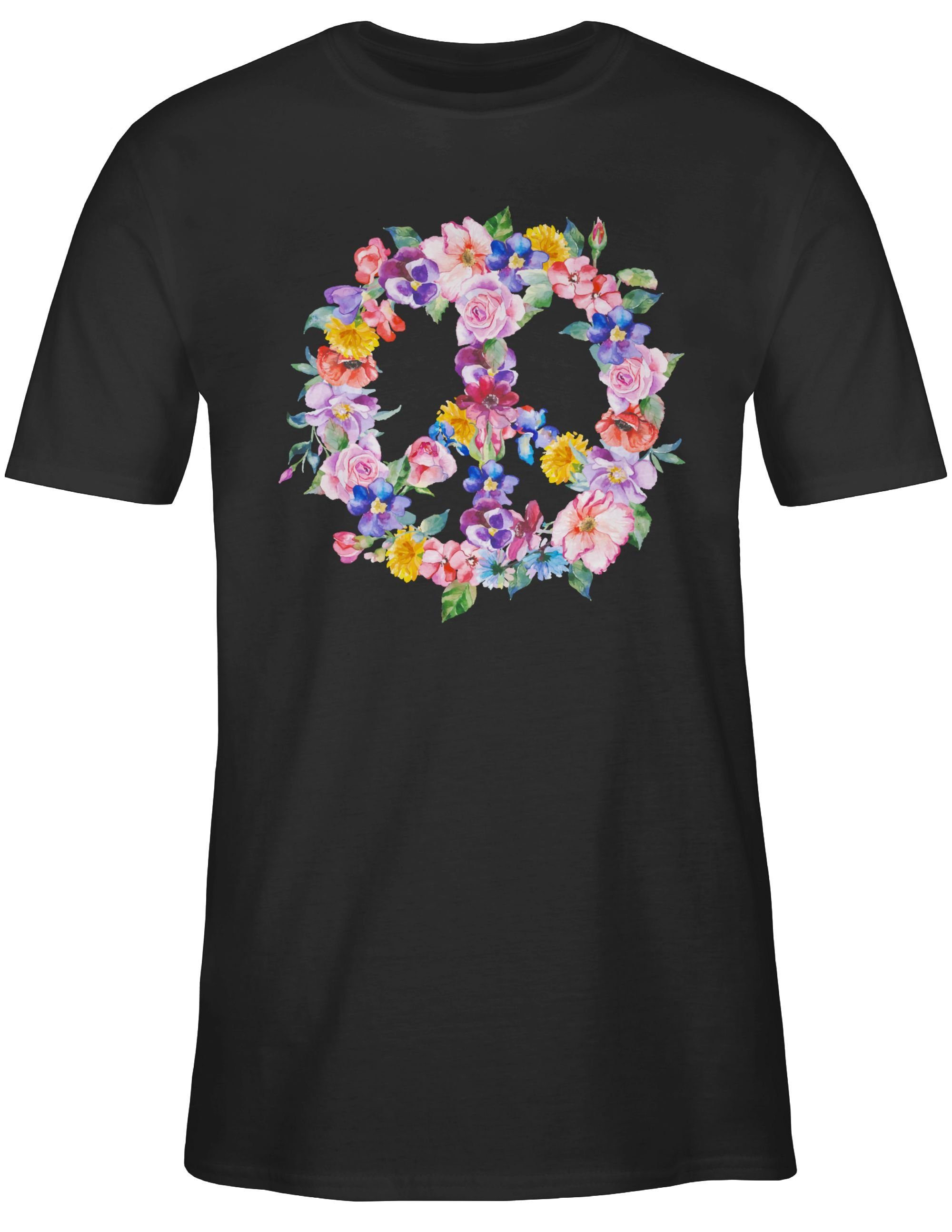 T-Shirt bunten Shirtracer Statement 1 Sprüche Zeichen mit Schwarz Peace Blumen