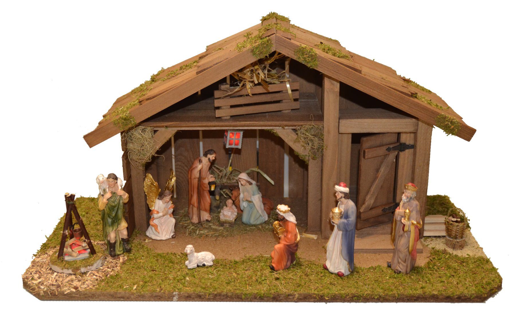 Alfred Kolbe Krippe Krippenstall mit Trafo, mit Laterne, Lagerfeuer,Korb, 10 cm Figuren 11tlg.