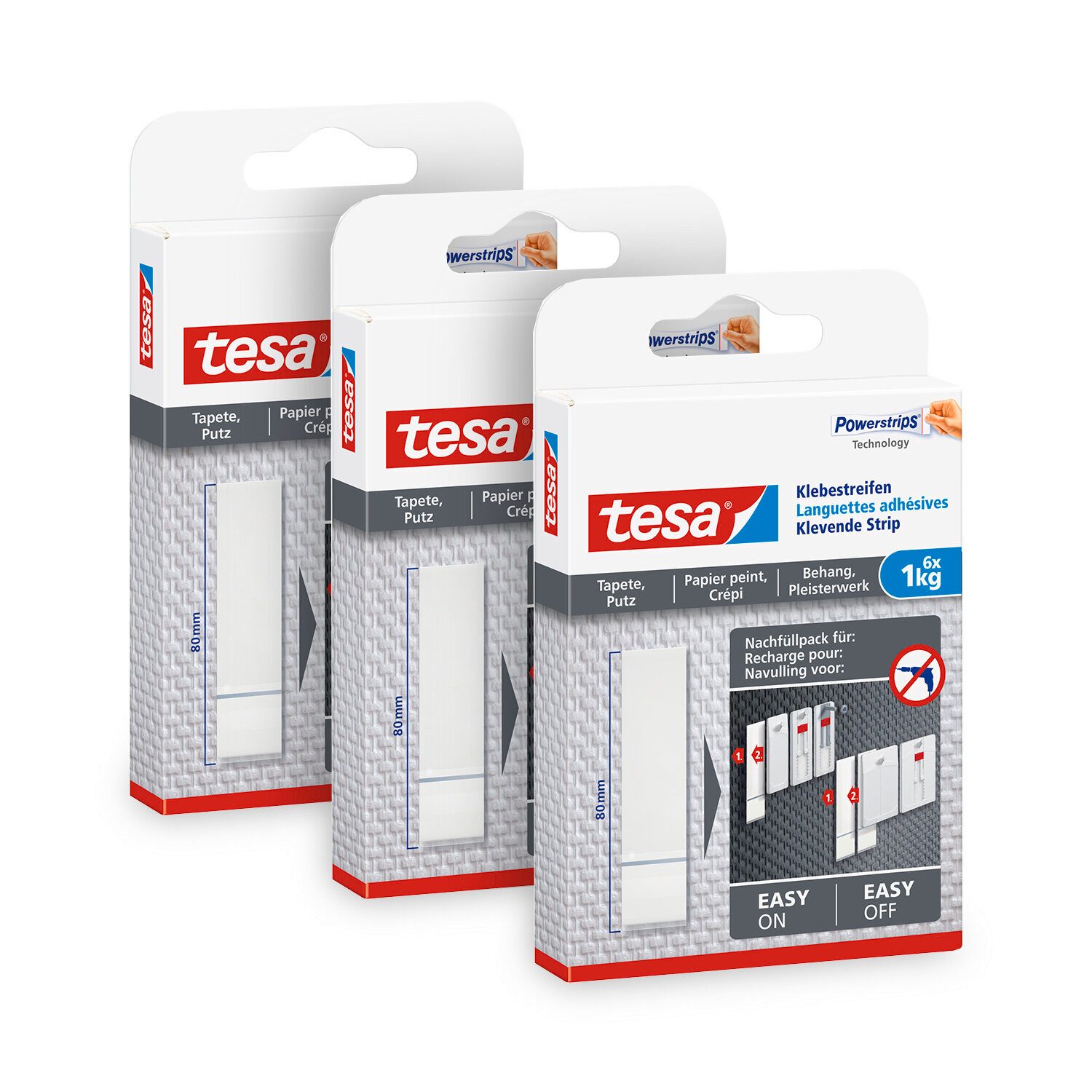 tesa Klebehaken Powerstrips Klebestreifen (Nachfüllpack für den Klebenagel), (Packung, 3-St., 18 Powerstrips doppelseitige Klebestreifen), Stripes für Tapete und Putz - 6er Pack - je max. 1 kg