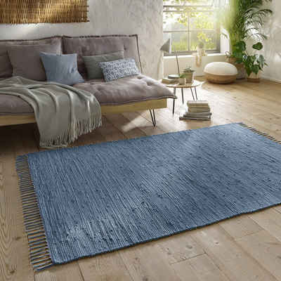 Teppich Flickenteppich TaraCarpet Sylt mit Fransen, TaraCarpet, rechteckig, Höhe: 5 mm, Wohnzimmer Schlafzimmer Küchenteppich nachhaltig blau 140x200