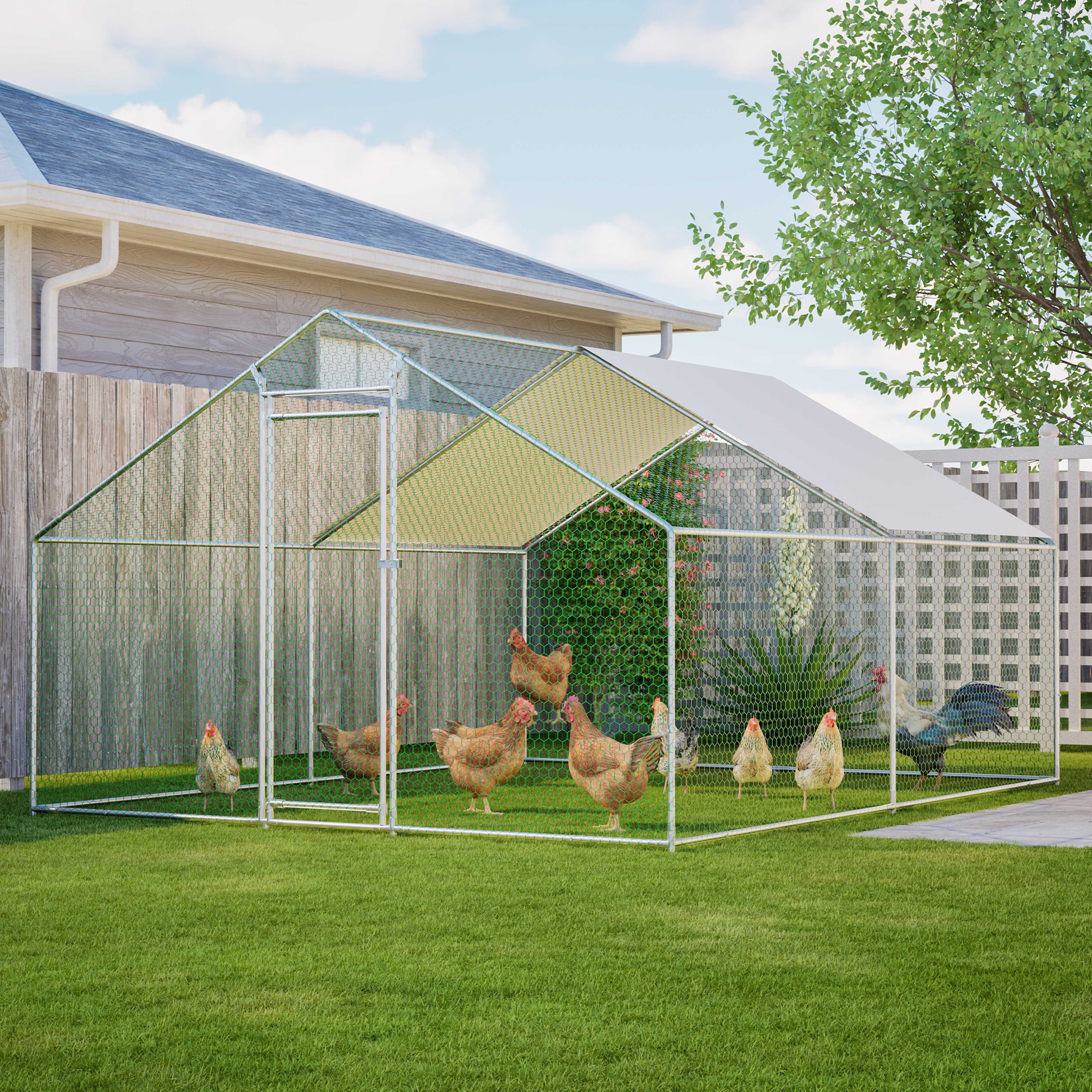 BlingBin Hühnerstall mit Klettergerüst aus Metall für Kleintiere und Geflügel, Metall-Voliere 3x4m mit riesigem Auslauf, Dach und Sicherheitsschloss
