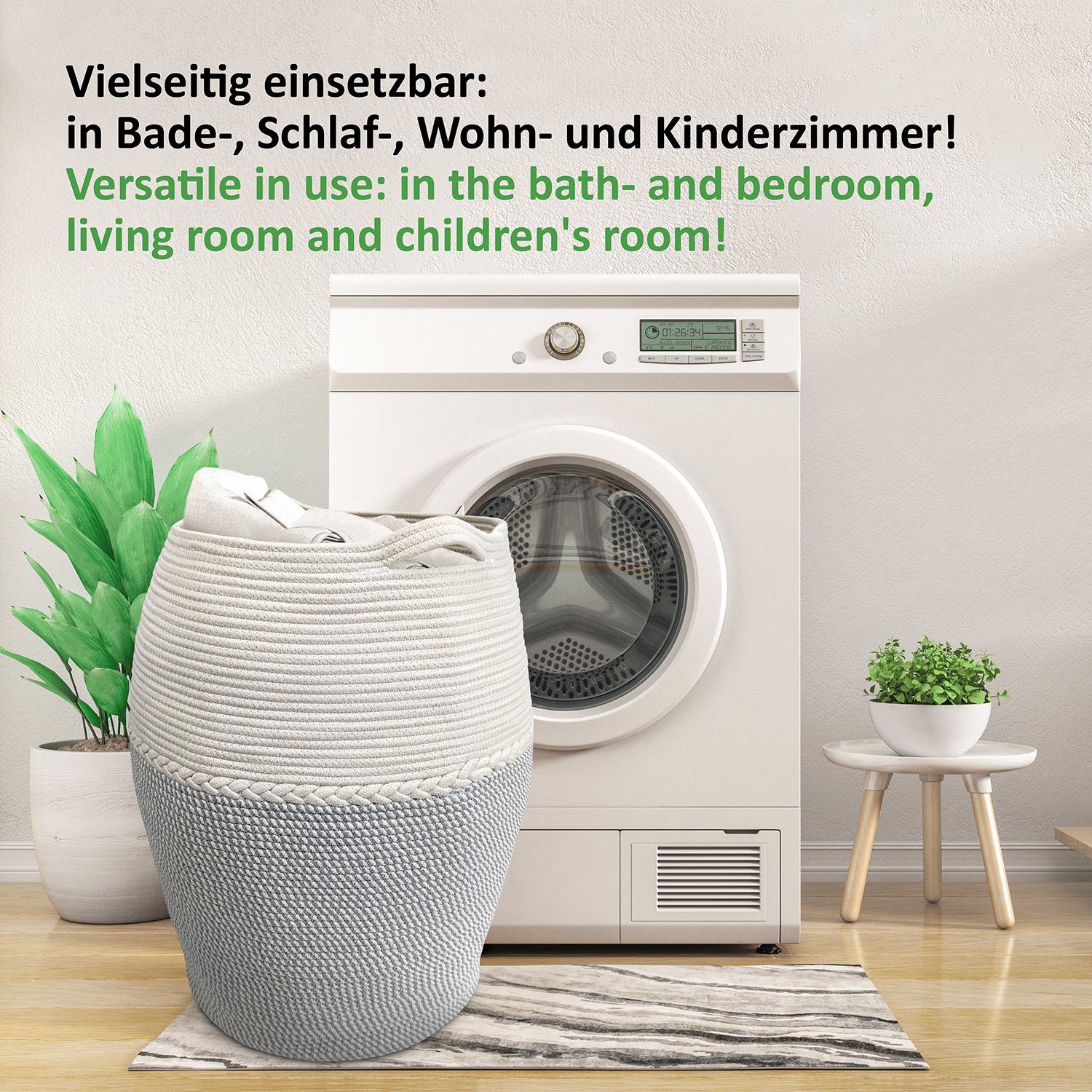WIESEN.design Wäschekorb Jamila Ø46/39xH65cm 105L, 100% Baumwolle, Aufbewahrung geflochten, inkl. großem Waschsack und schwerem Wäschesack, gratis Versand – Bild 4 von 5