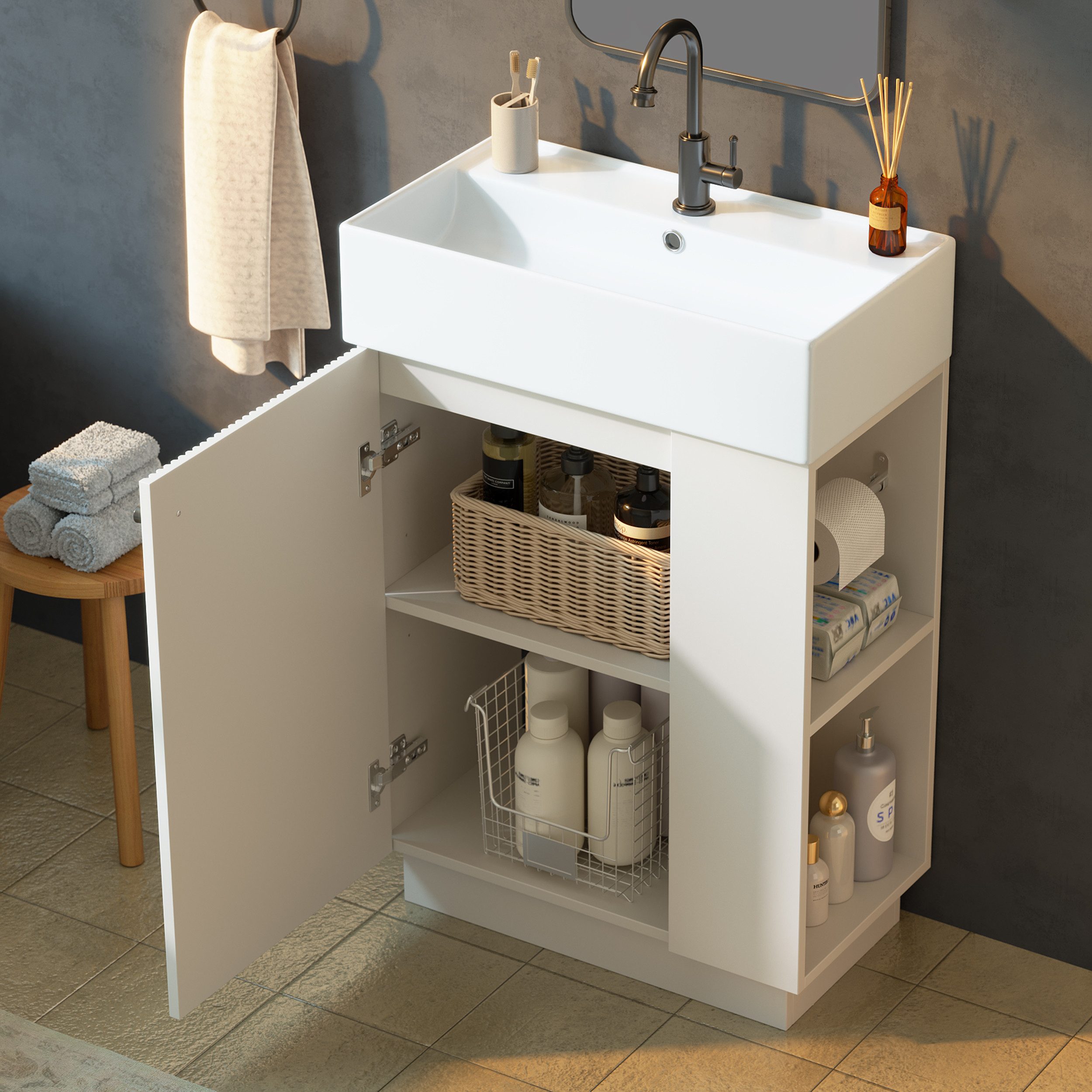 Flieks Waschtisch Waschbeckenunterschrank mit Keramikwaschbecken (55x32x87 cm, 1-St., bodenstehender Badschrank mit abnehmbarem Toilettenpapierhalter), Badmöbel-Set Badezimmerschrank mit verstellbarer Einlegeböden Weiß
