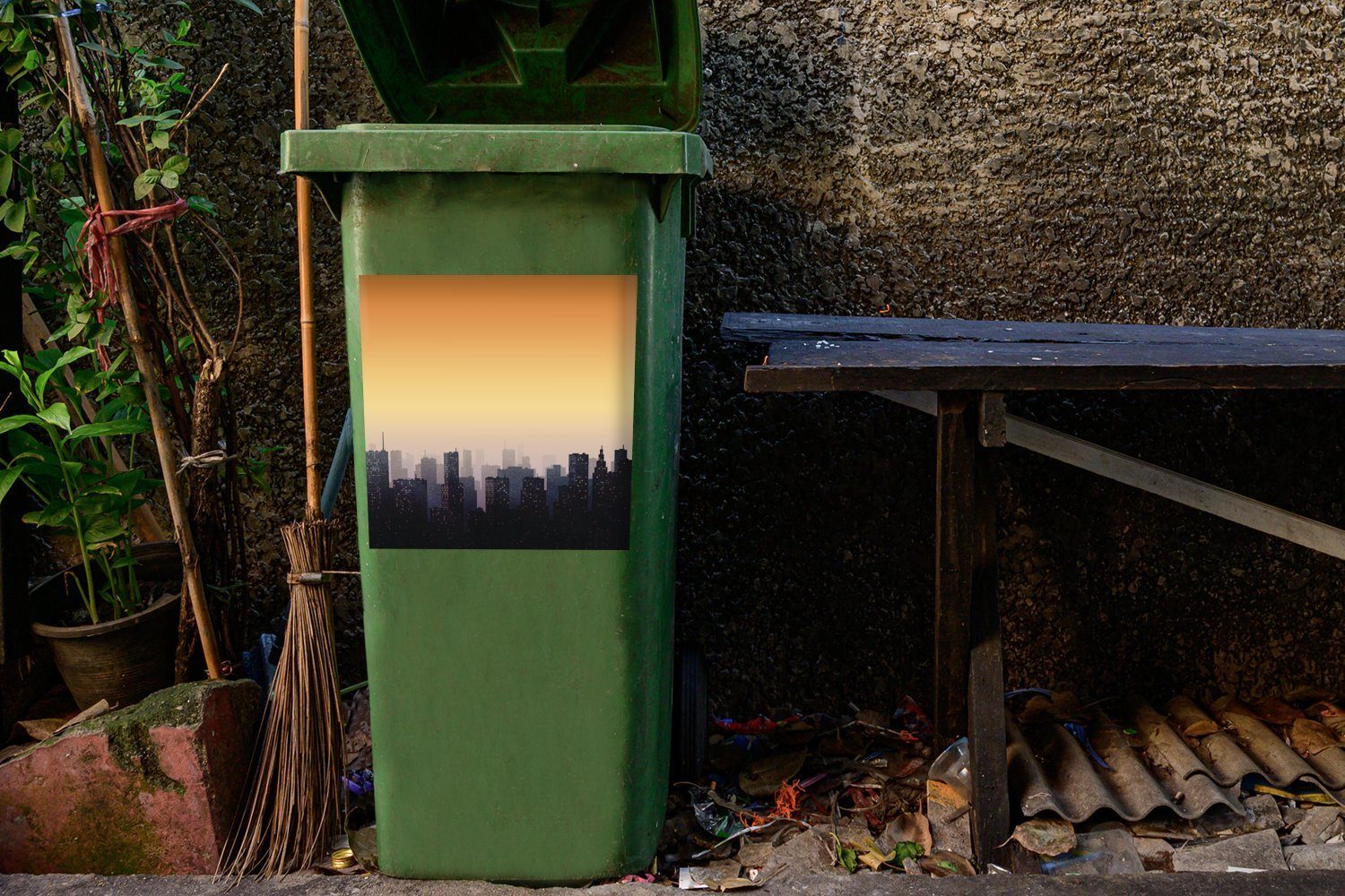 Dämmerung Container, MuchoWow Mülleimer-aufkleber, Mülltonne, Illustration Stadt Eine Sticker, St), (1 Wandsticker der bei Abfalbehälter einer Sonnenuntergang