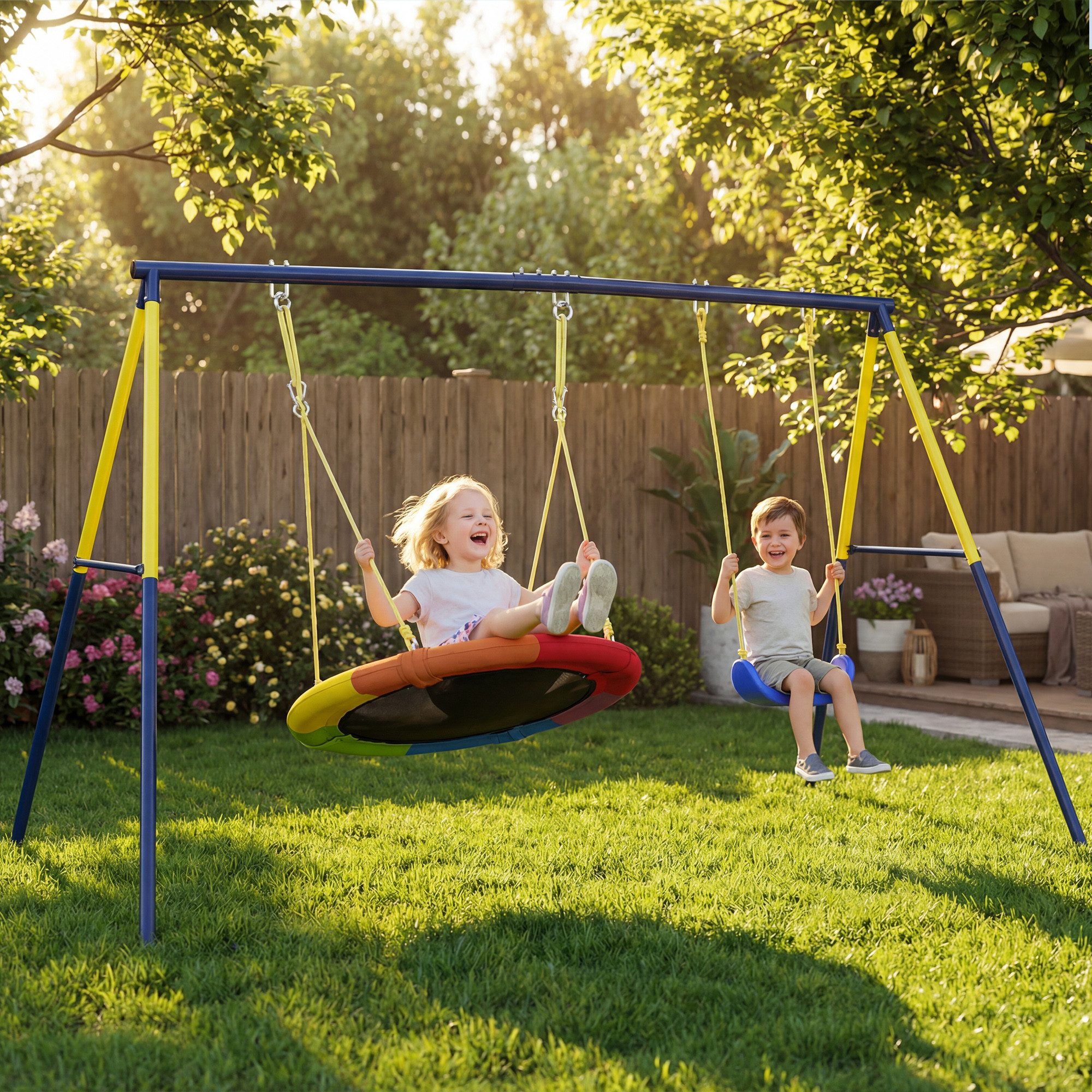 AIYAPLAY Schaukelgestell bis 150 kg mit A-Rahmen, (Schaukel Gestell, 1-tlg., Stahl Schaukelgerüst), für Nestschaukel Kinderschaukel Kletterleiter, für Outdoor, Blau