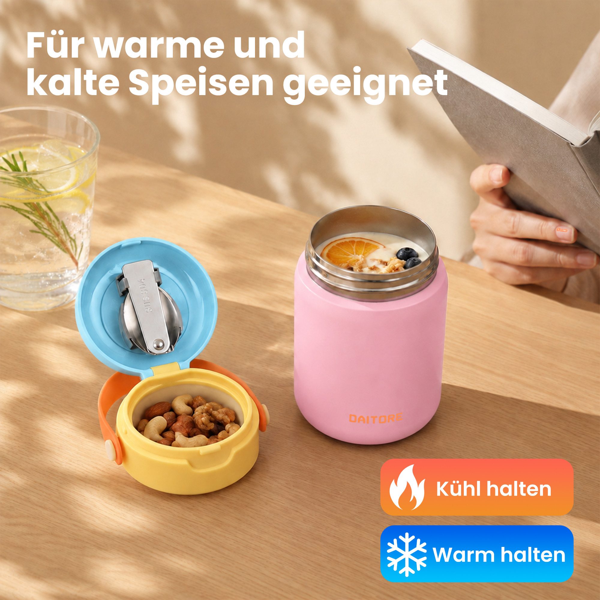 DAITORE Thermobehälter 480ml Thermobehälter Edelstahl 304 mit Löffel, auslaufsicher, (Geeignet für Büro, Schule, Reisen, Vielseitige Anwendung), 5h warm & 8h ka – Bild 3 von 5