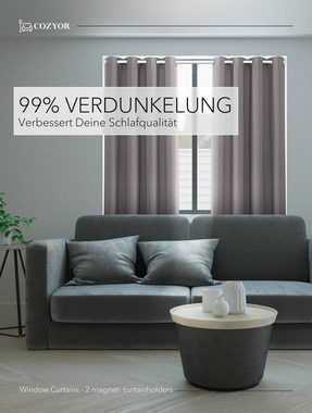 Vorhang Set mit 2x Gardine + 2x Vorhanghalter + 1x Gardinenstange ohne Bohren, Cozyor, Ösen (2 St), verdunkelnd, Polyester, blickdicht hellgrau Moonlight, Thermo Gardine 160x135 cm mit Magnethalter, Flur & Fenster