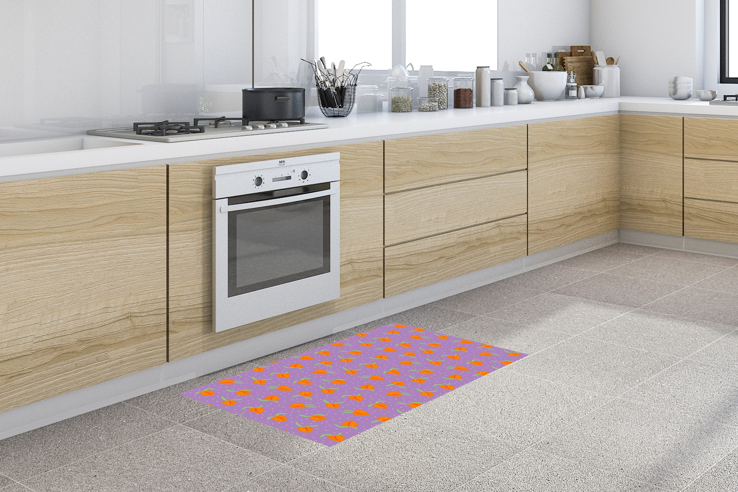 MuchoWow Küchenläufer Lila - Orange - Pfirsich, aus Kunststoff, Küchenteppich, Läufer für Küche, Rutschfest, Küchendeko, 120x50 cm