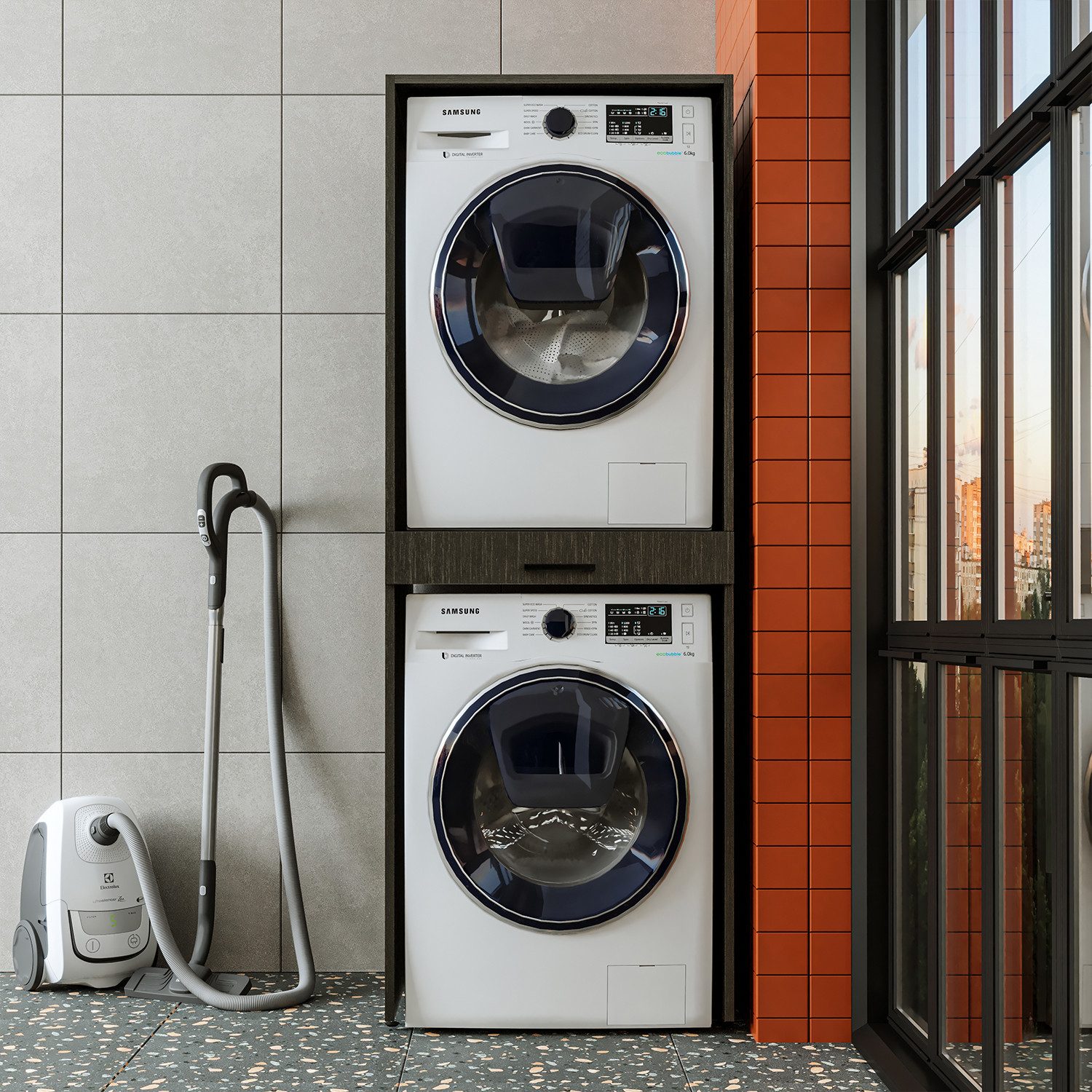 Roomart Waschmaschinenumbauschrank Waschplatz für Waschmaschine & Trockner mit Ausziehbrett & Hochschrank (Waschmaschinenschrank für Trockner und Waschmaschine Überbauschrank)