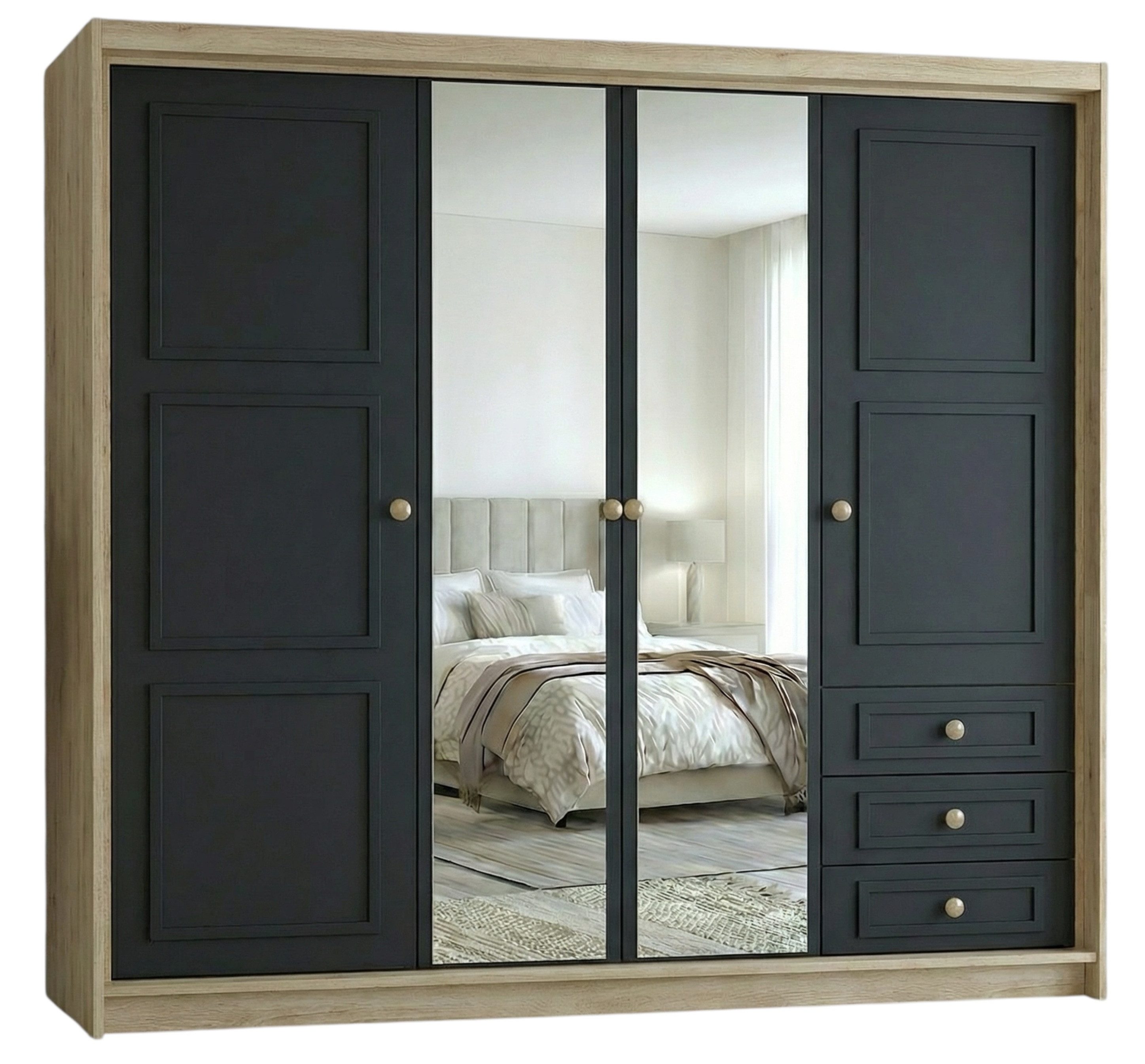 A&J MöbelLand GmbH Drehtürenschrank OSLO viertüriger Kleiderschrank mit Schubladen und Metallgriffen (Geräumiger viertüriger Kleiderschrank mit Schubladen und Metallgriffen. Geräumiger Schrank mit einer Breite von 200 cm und Schubladen, ideal zur Aufbewahrung von Kleidung und Accessoires. Viel Stauraum. TOP PRODUKT! Wählen Sie das ideale Modell für Ihr Schlafzimmer!, TOP ANGEBOT) Breite: 200 cm, Höhe: 215 cm, Tiefe: 59,5 cm