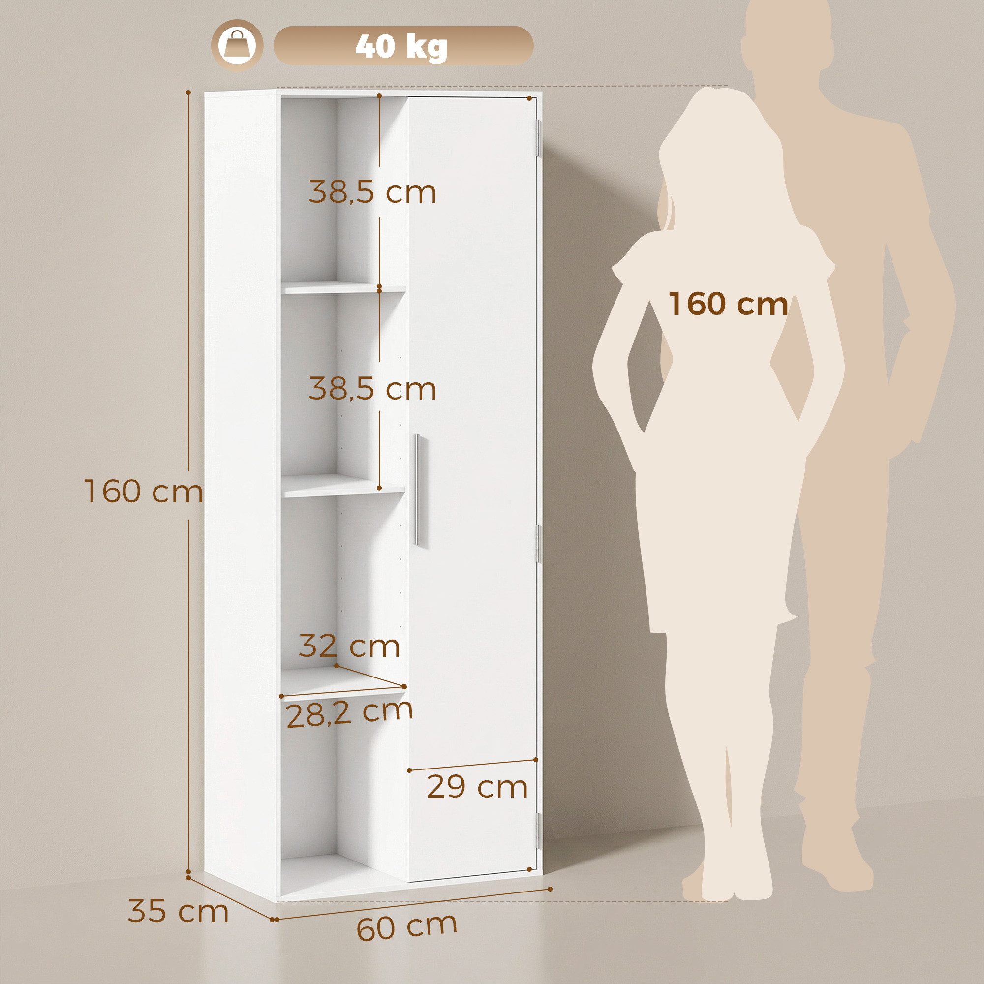 HOMCOM Bücherregal Aktenschrank, 7 Ebenen, Türen, offene Regale, verstellbare Ablagen, Bücherschrank 1-tlg., 60 x 35 x 160 cm für Büro, Wohnzimmer, Schlafzimmer – Bild 3 von 5