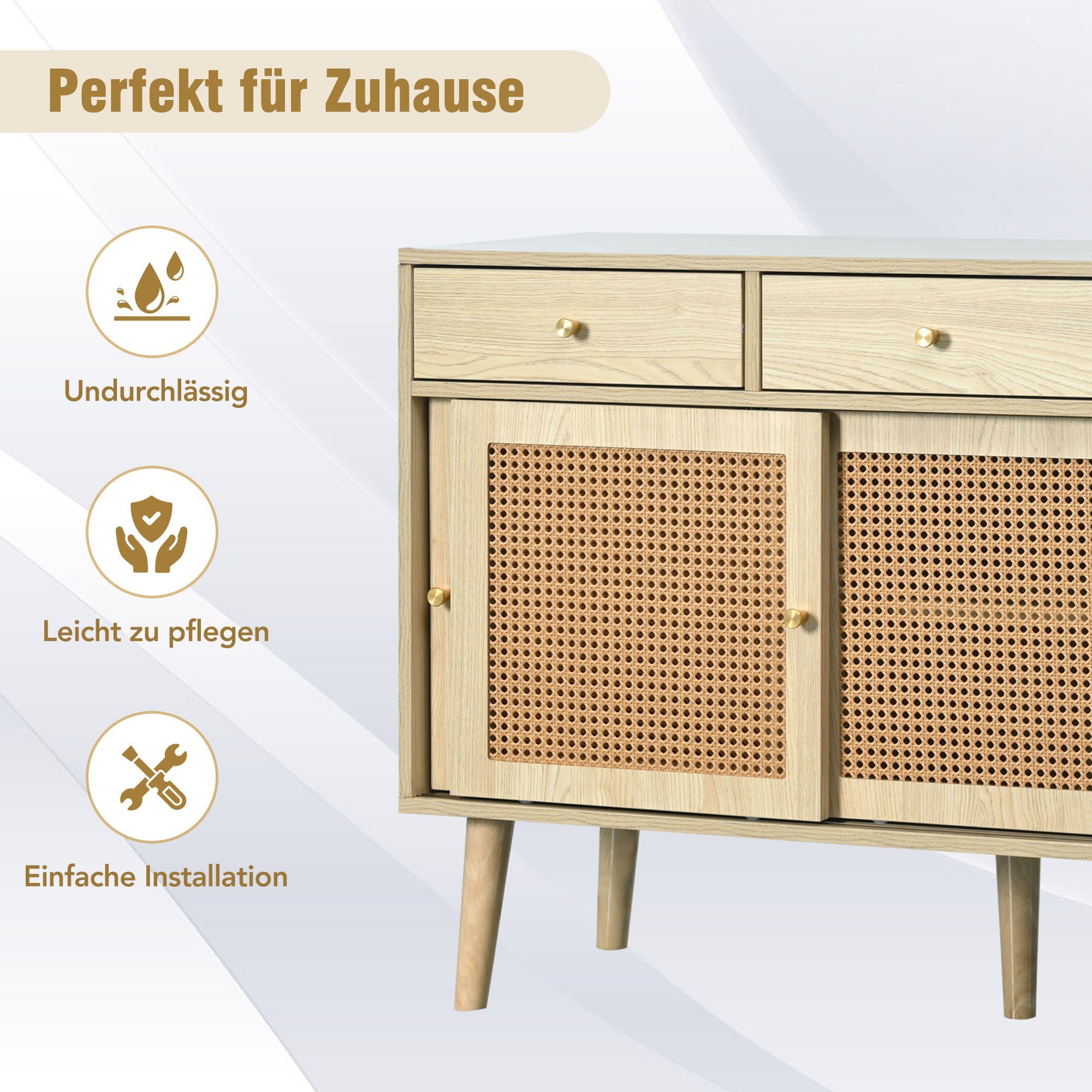 Merax Sideboard mit 3 Schubladen und 3 Schwebetüren, Rattangeflecht, Kommod günstig online kaufen