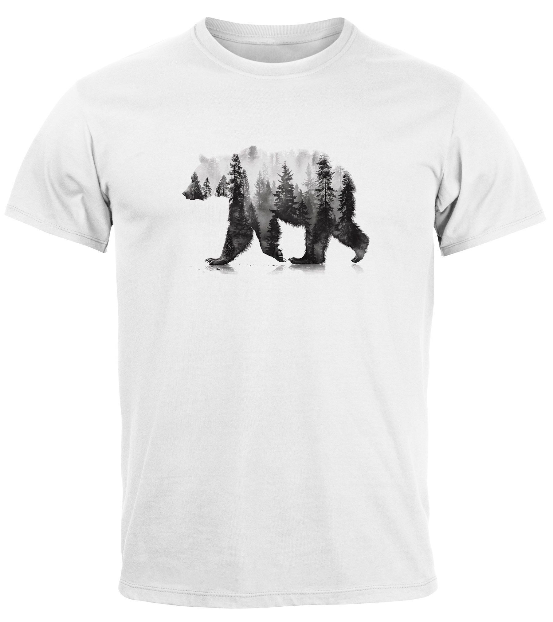 Print-Shirt Herren T-Shirt Bär Motiv Aufdruck Grafik Printshirt Wald Büume