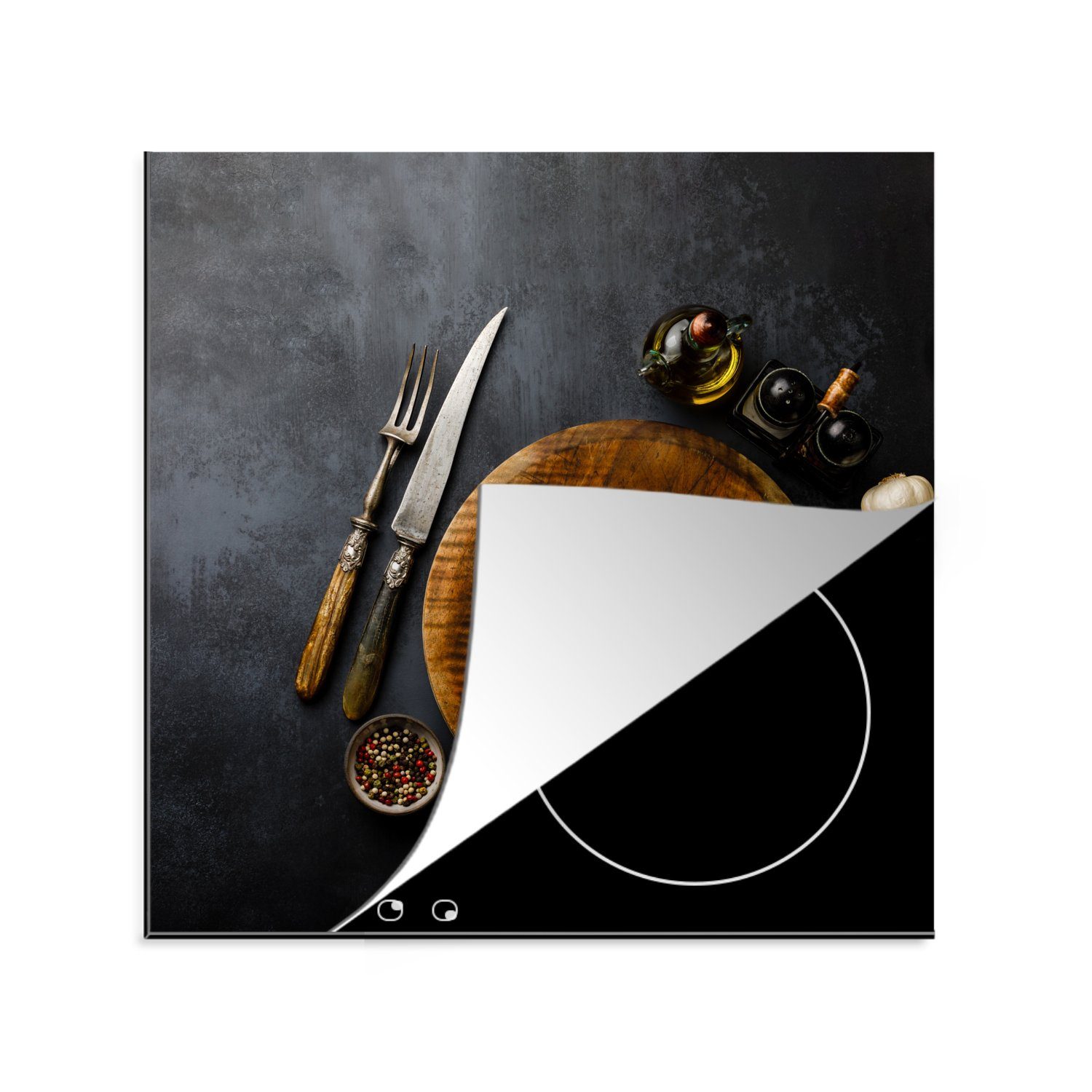 MuchoWow Herdblende-/Abdeckplatte Schneidebrett Holz - Induktionsschutz - Gewürze - Besteck - Ländlich -, Vinyl, (1 tlg), 78x78 cm, Ceranfeldabdeckung, Arbeitsplatte für küche